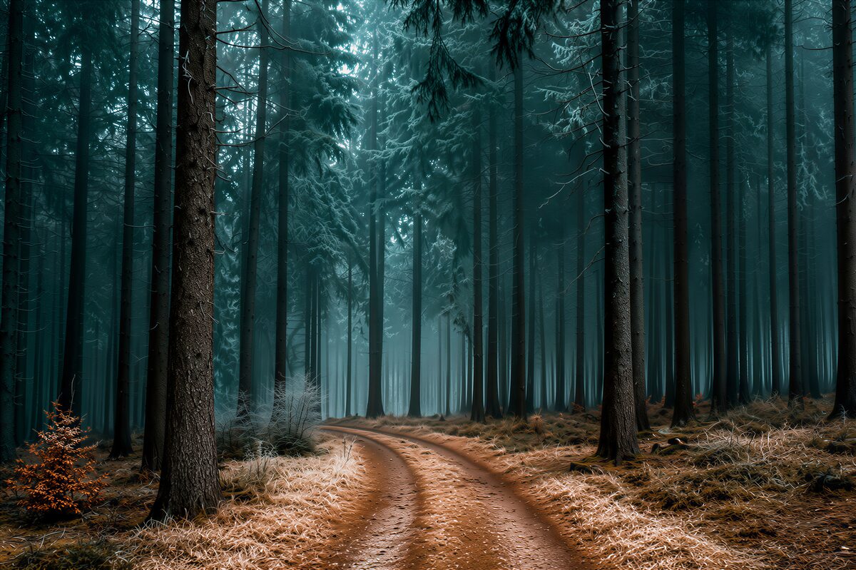 Papier peint amour dans la dense forêt de brouillard