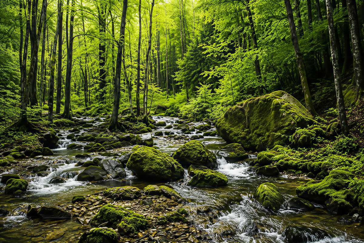 Papier peint cascade de montagne dans une forêt verte