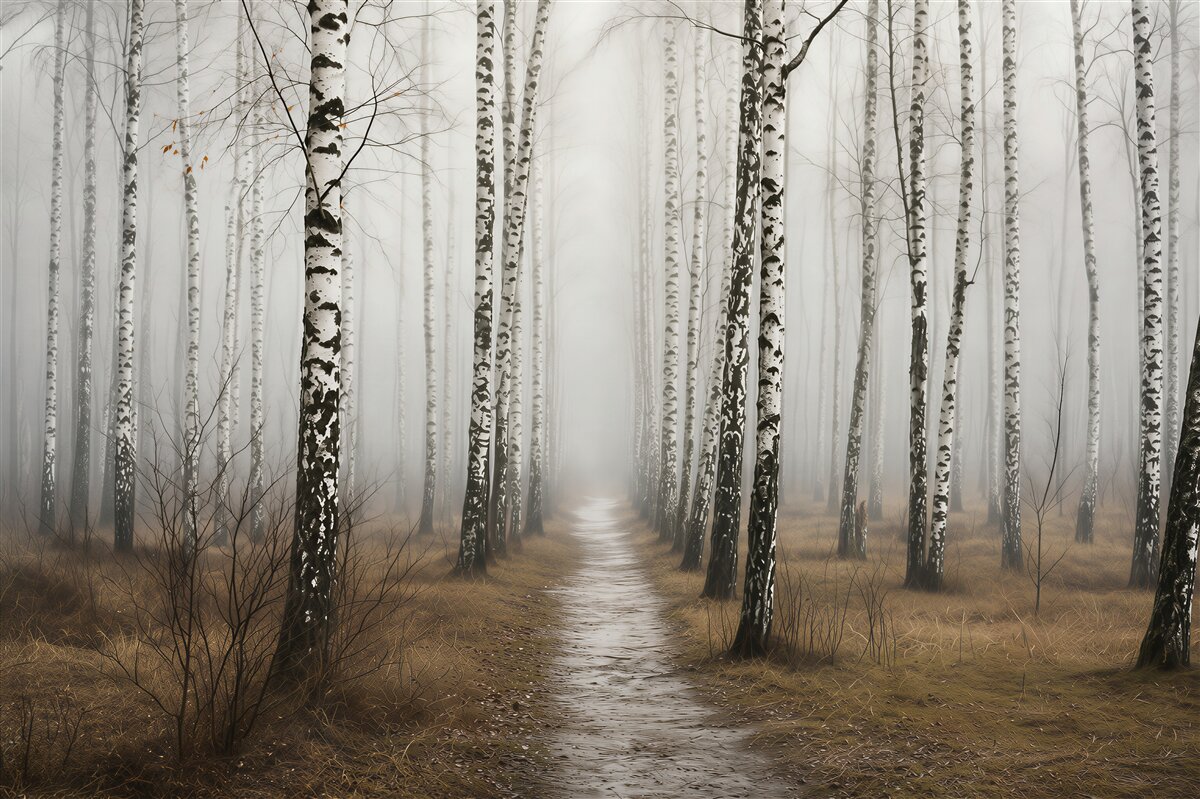 Papier peint chemin à travers la forêt de bouleaux brumeuse
