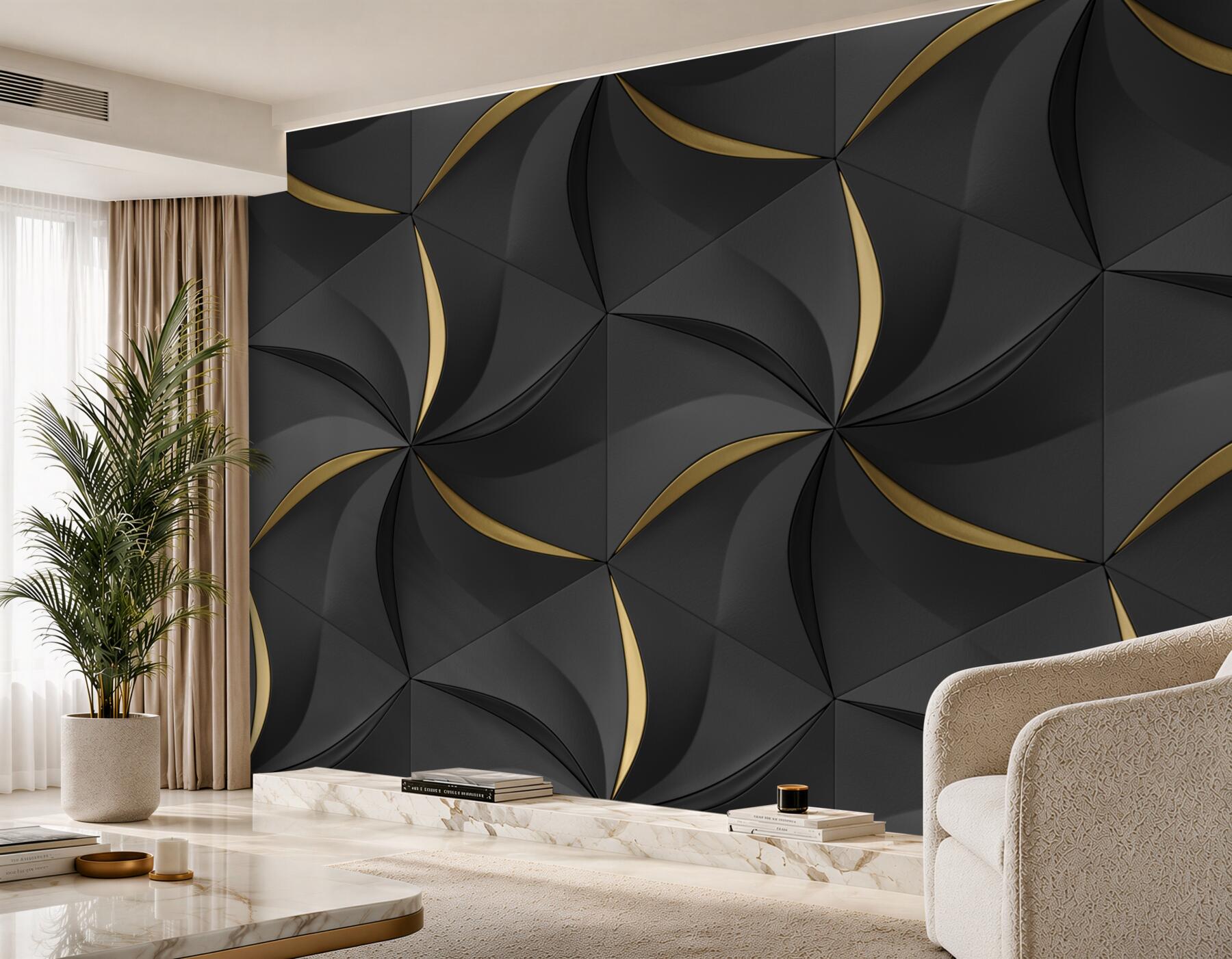 Papier peint tourbillons noirs et dorés