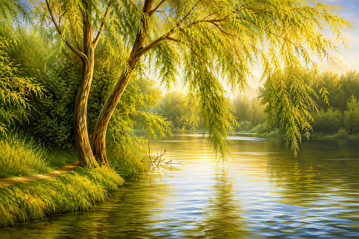 Papier peint saule pleureur d'été au bord de l'eau