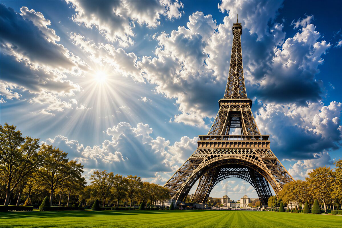 Papier peint rayons de soleil au-dessus de la tour Eiffel