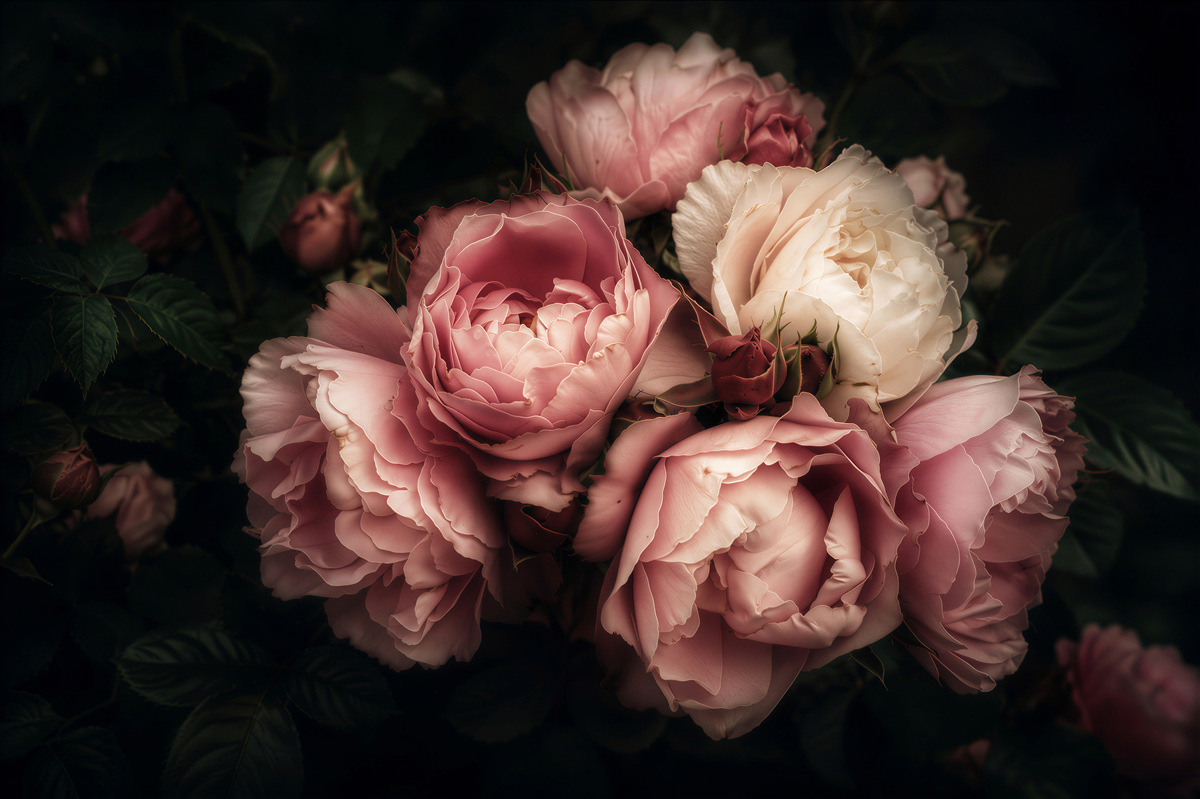 Papier peint pivoines rose clair sur fond noir