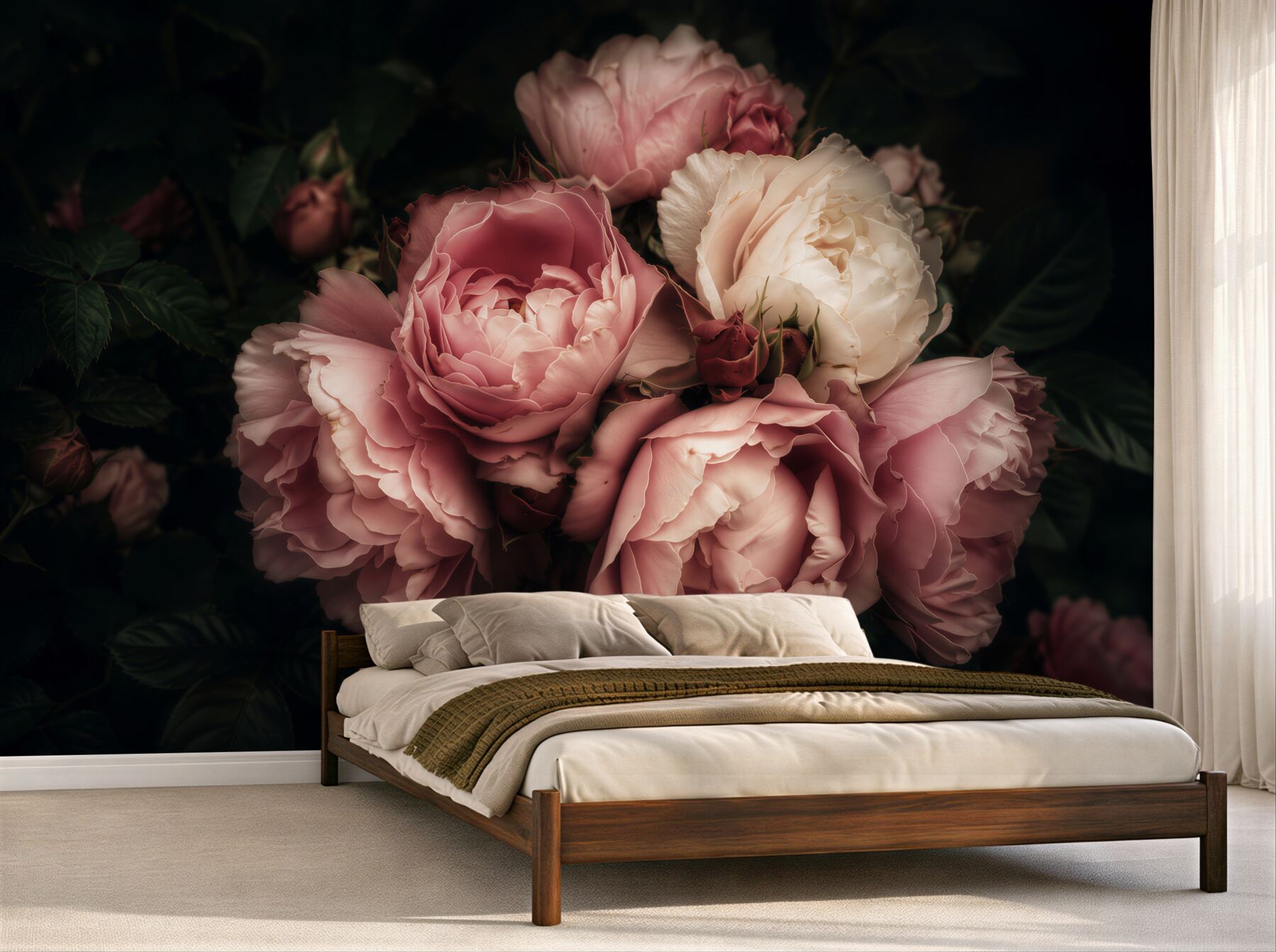 Papier peint pivoines rose clair sur fond noir