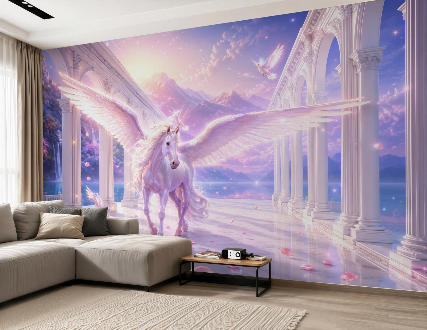 Papier peint licorne volante fantasy