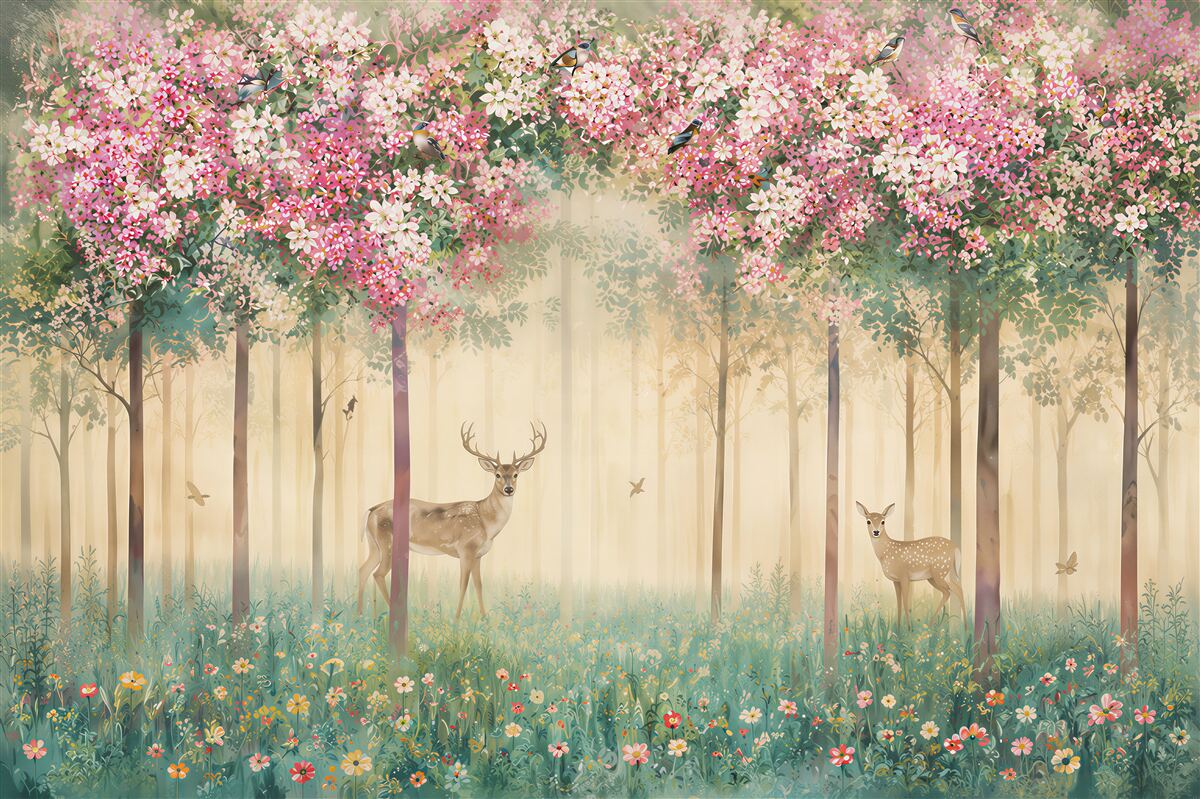 Papier peint cerfs dans un jardin floral