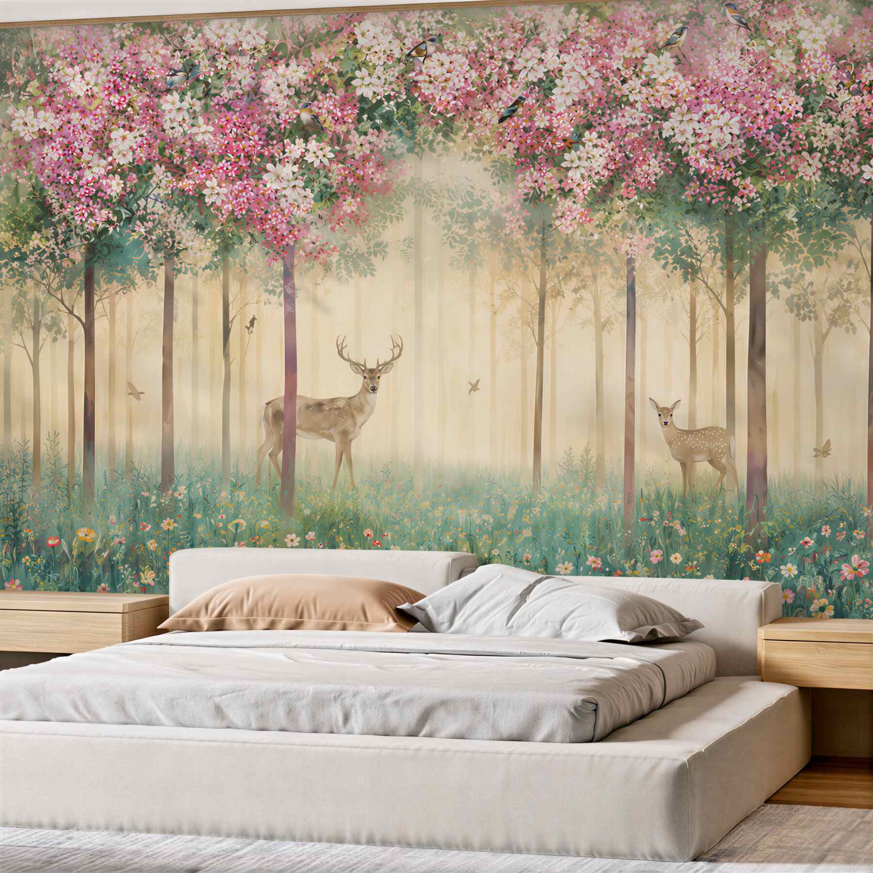 Papier peint cerfs dans un jardin floral