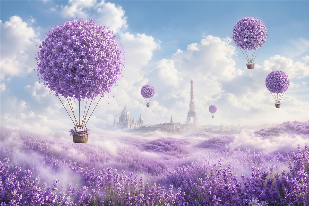 Papier peint champ de lavande et ballons