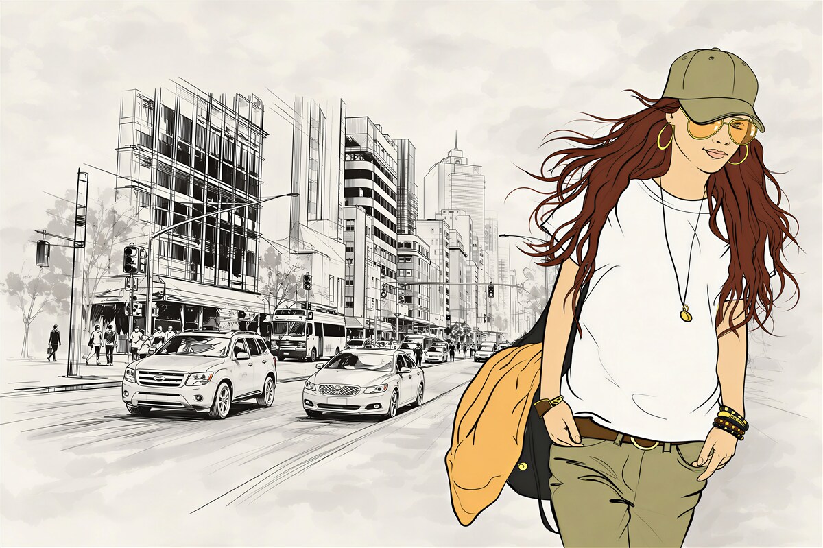Papier peint fille à la mode devant la ville
