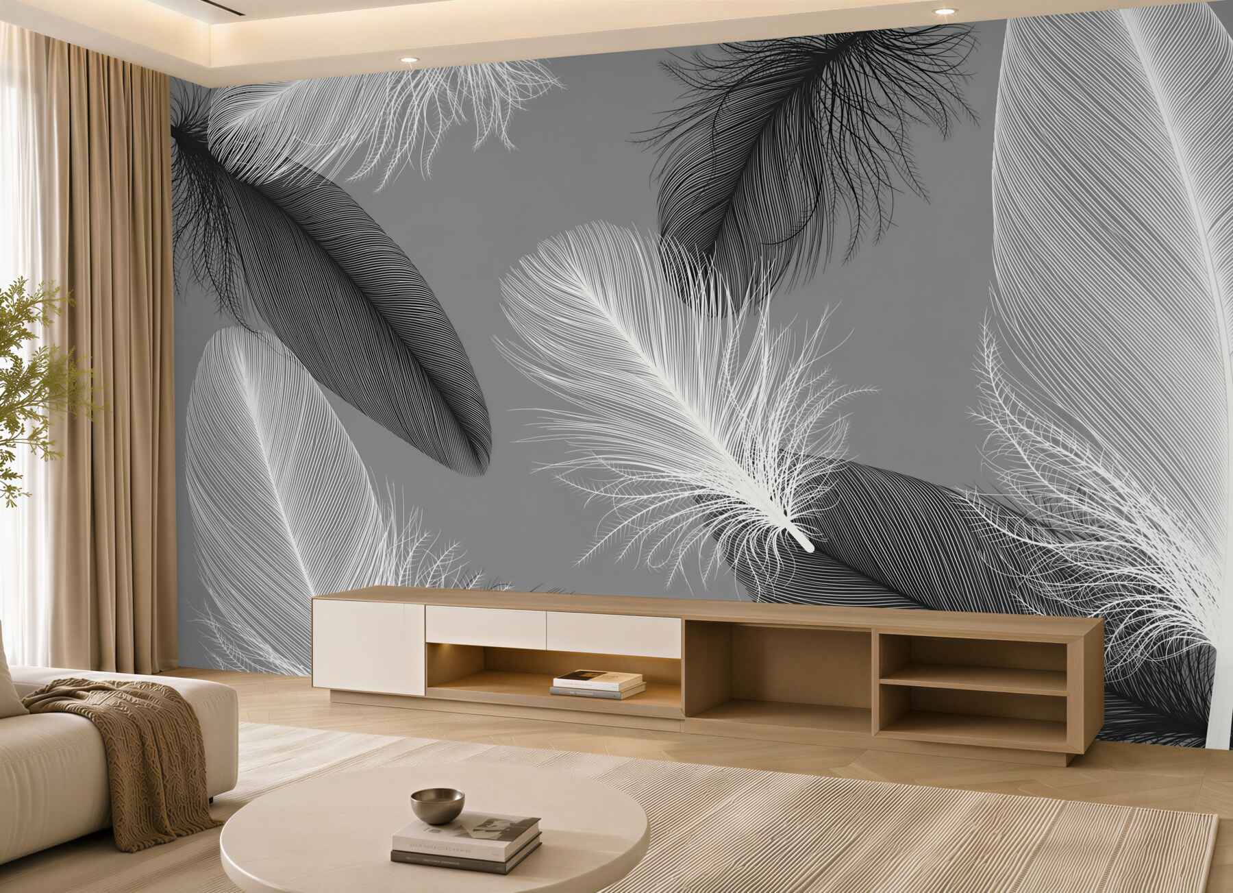 Papier peint plumes blanches et grises