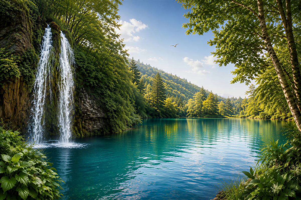 Papier peint nature féerique autour d'une cascade et d'un lac