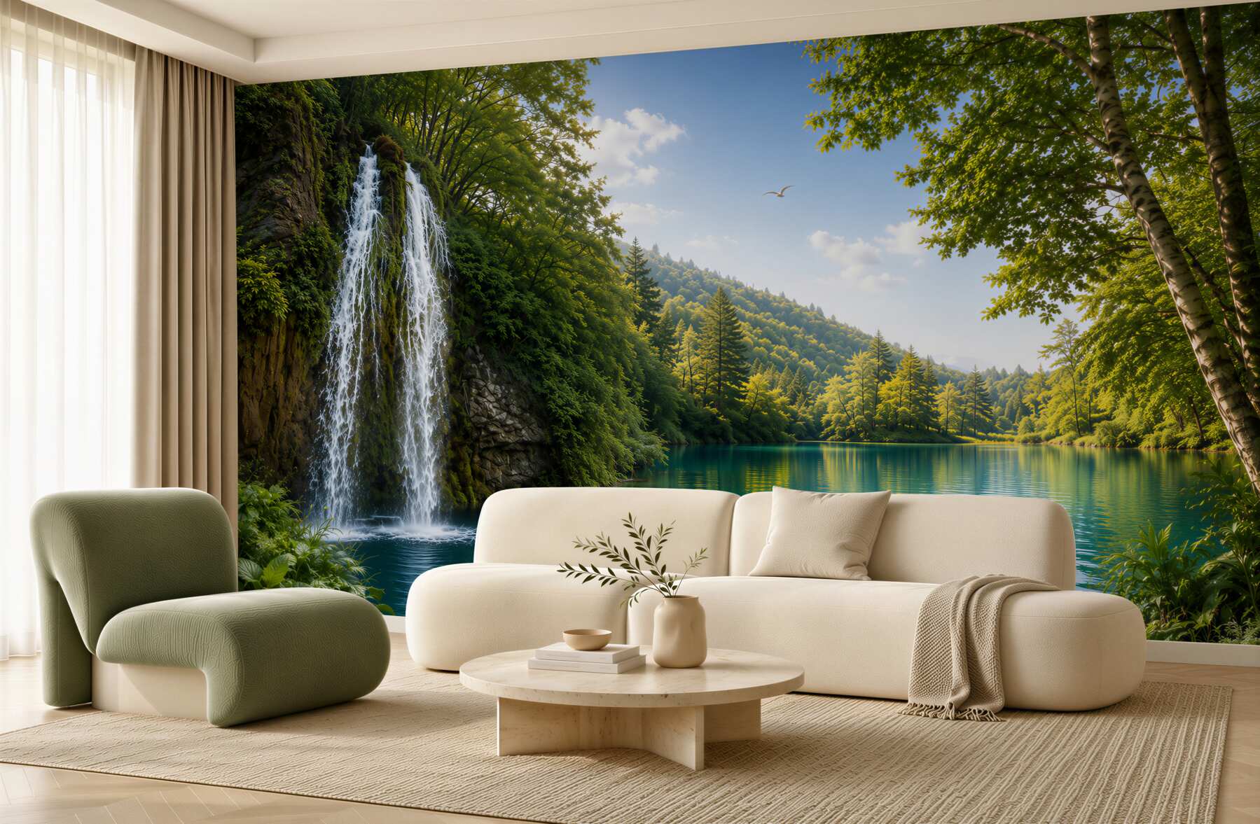 Papier peint nature féerique autour d'une cascade et d'un lac