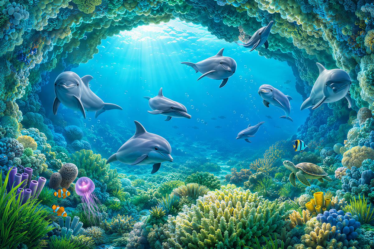 Papier peint dauphins dans une grotte sous-marine