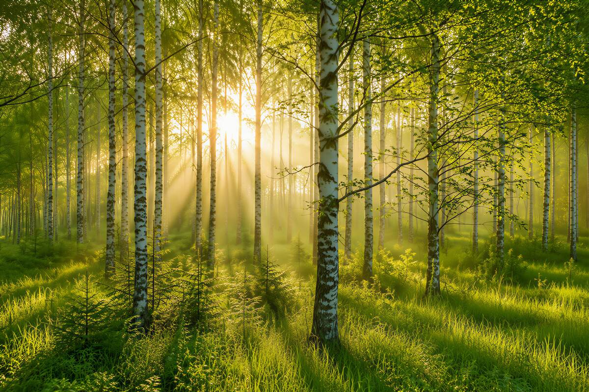 Papier peint matin dans le bosquet de bouleaux