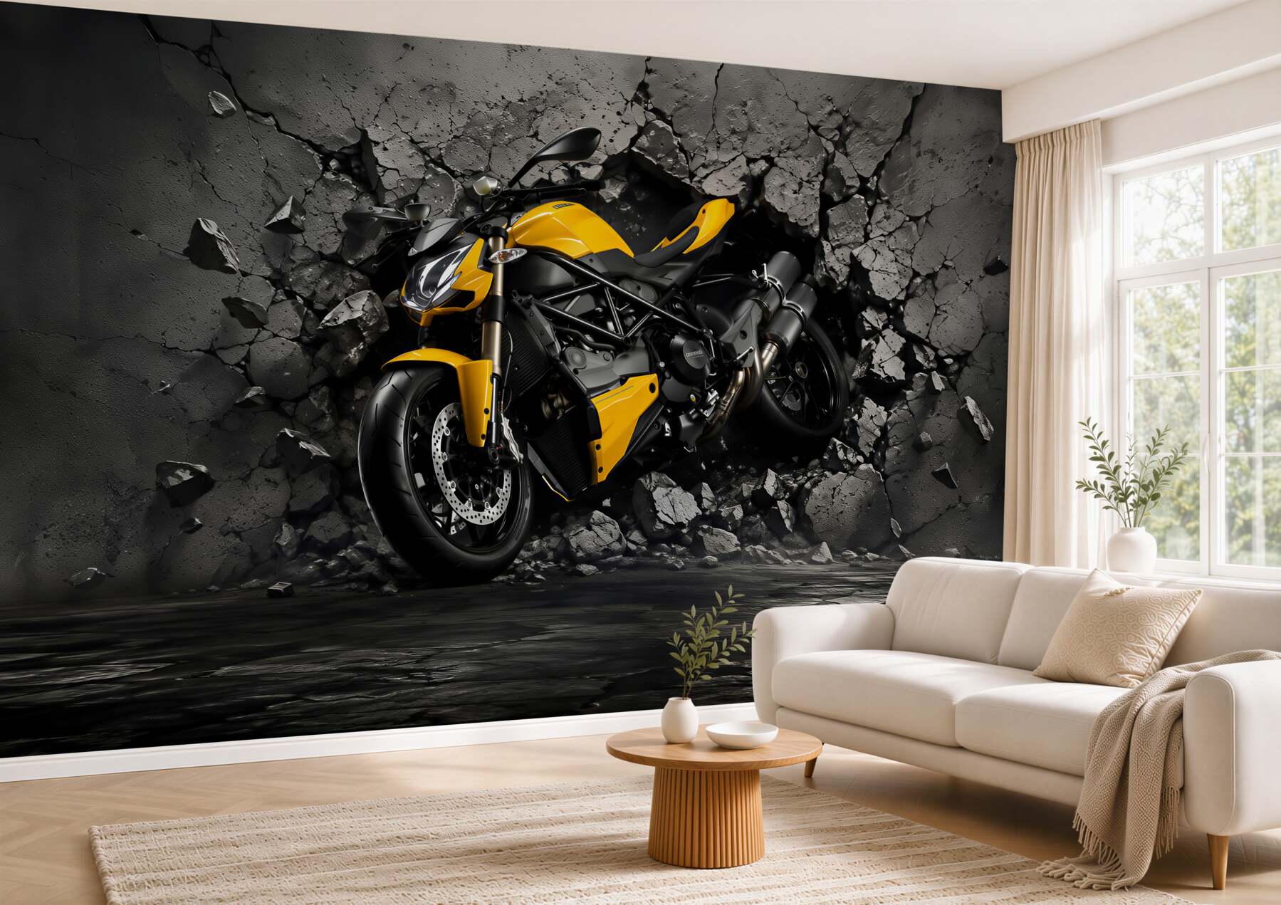 Papier peint moto jaune sur graffiti