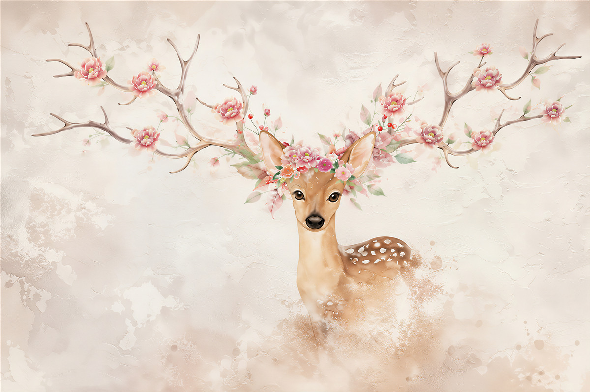 Papier peint Cerf peint de fleurs sur les bois