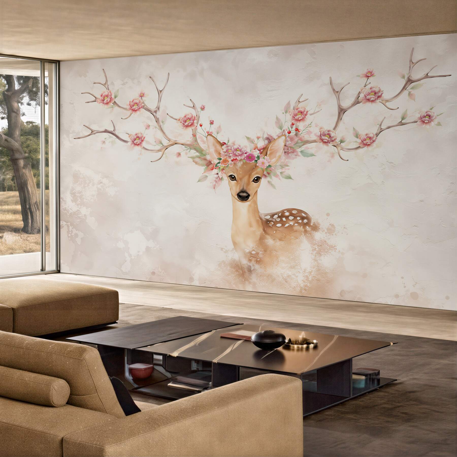 Papier peint Cerf peint de fleurs sur les bois