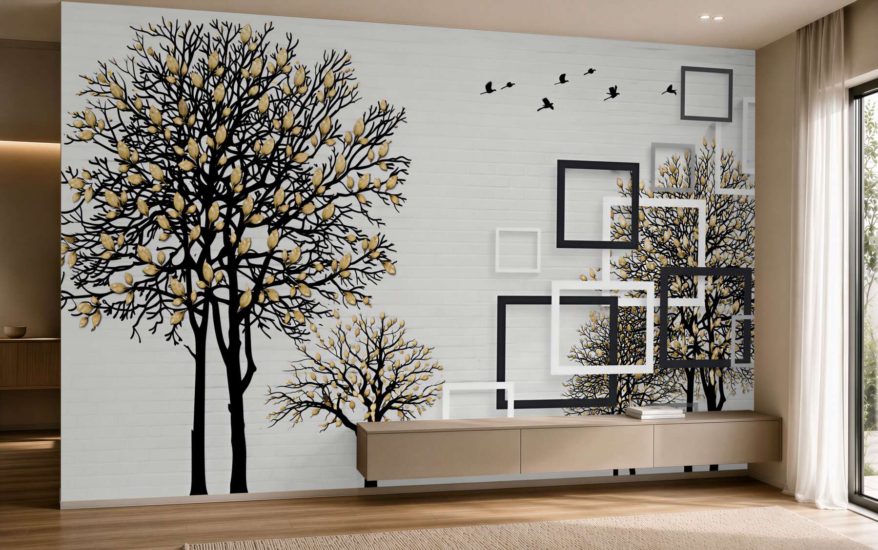 Papier peint oiseaux s'envolant d'un arbre abattu