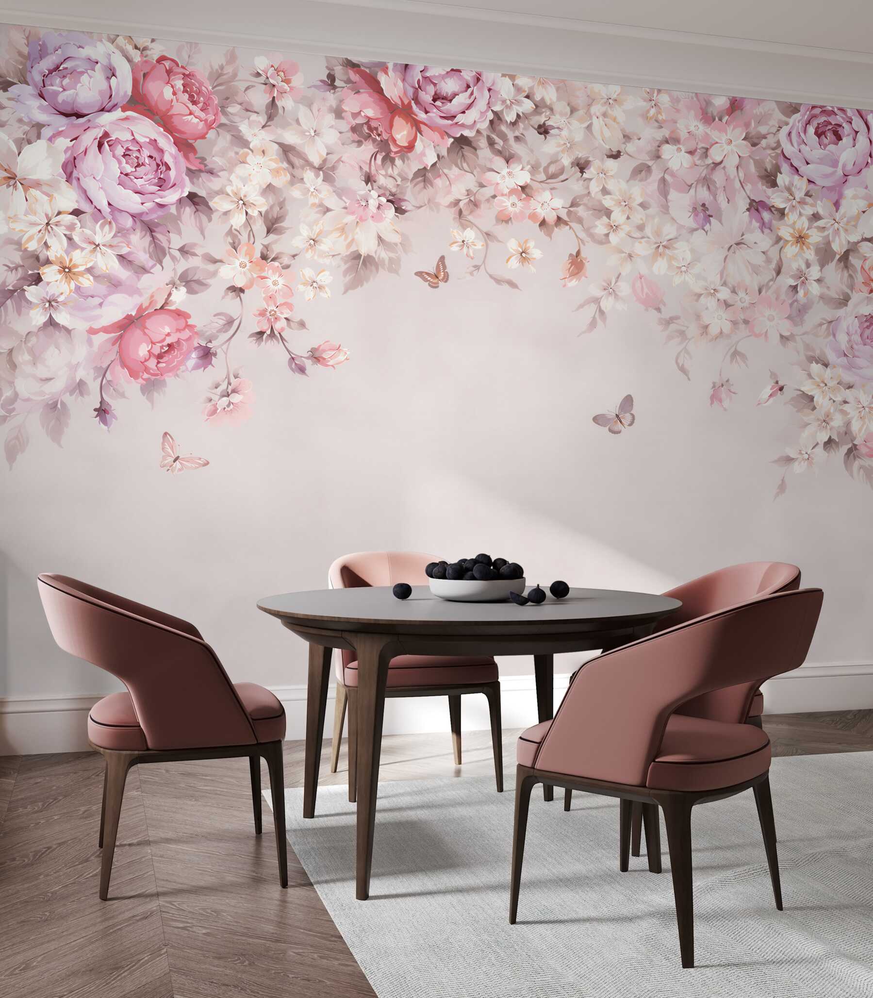 Papier peint jardin fleuri avec des papillons