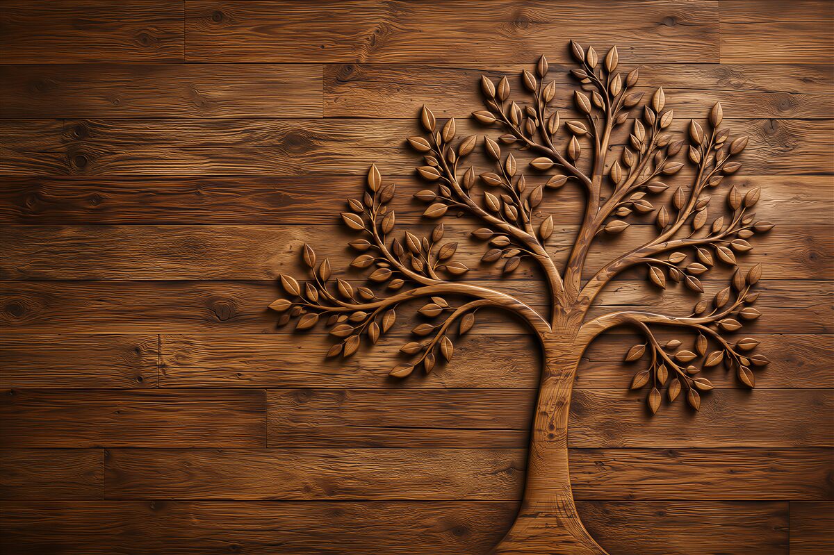 Papier peint arbre avec feuilles sur fond en bois
