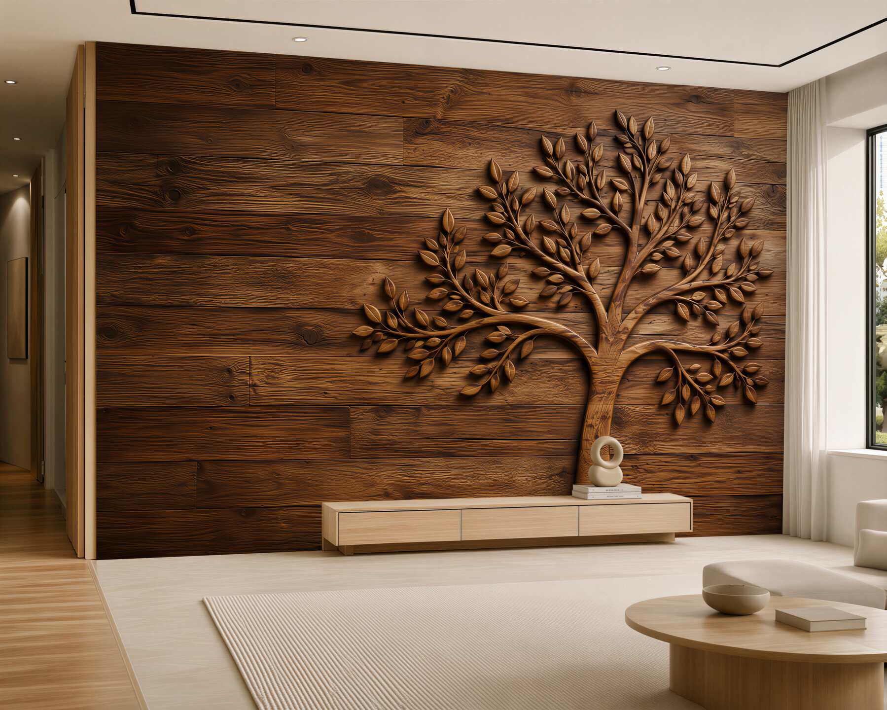 Papier peint arbre avec feuilles sur fond en bois