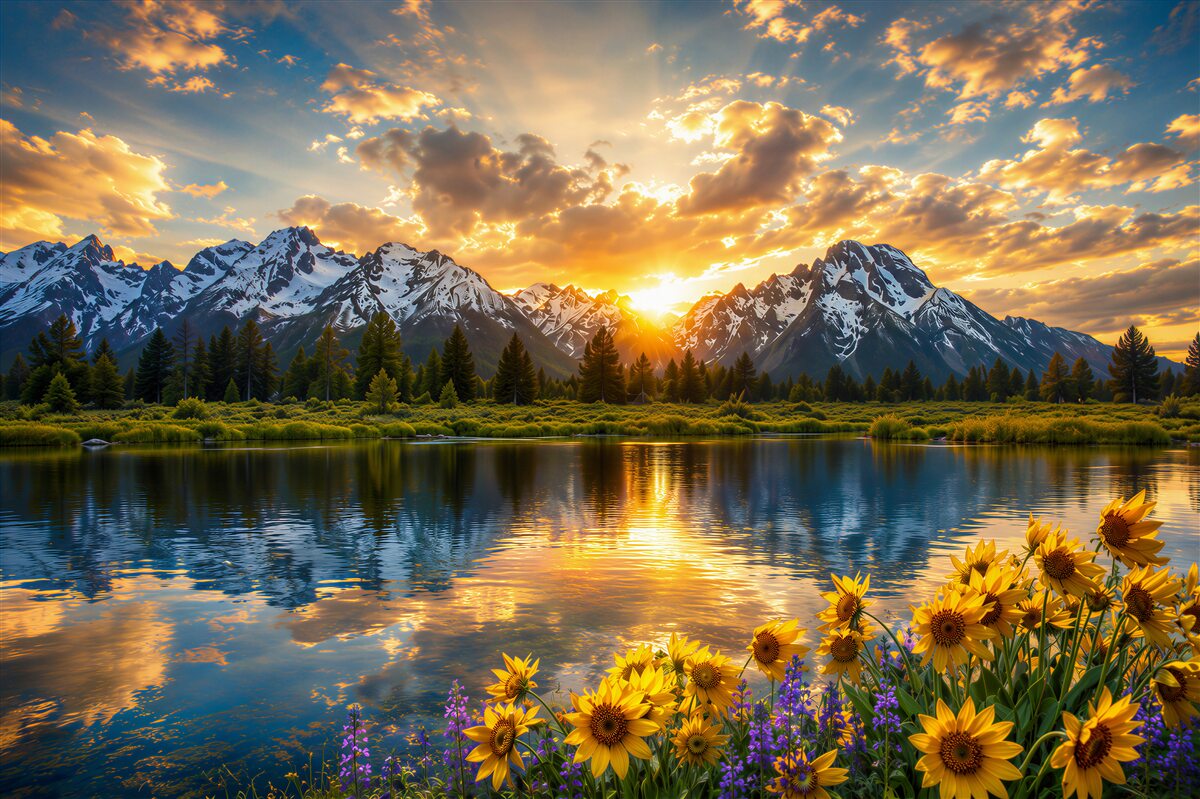 Papier peint coucher de soleil fantastique au-dessus d'un ruisseau de montagne