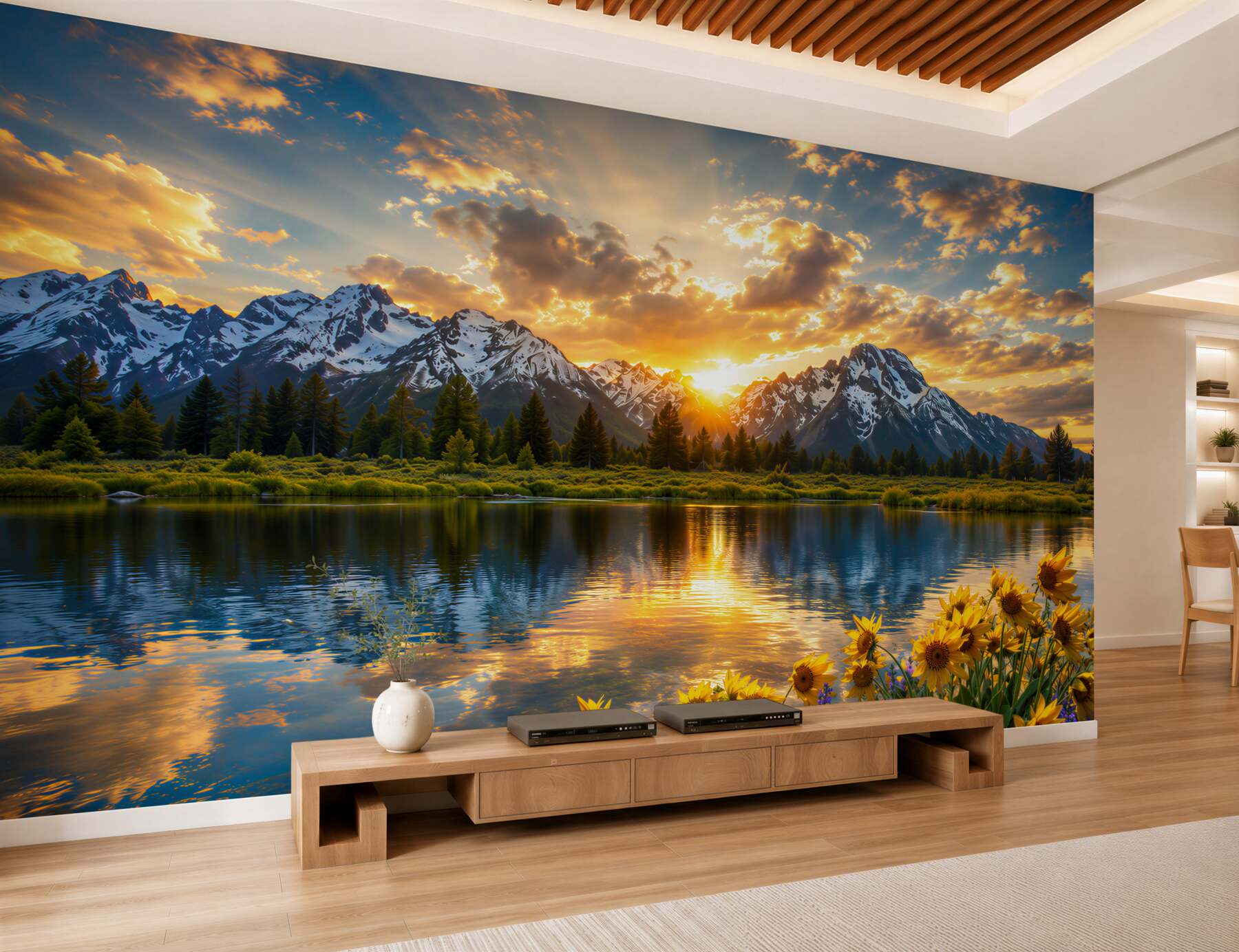 Papier peint coucher de soleil fantastique au-dessus d'un ruisseau de montagne