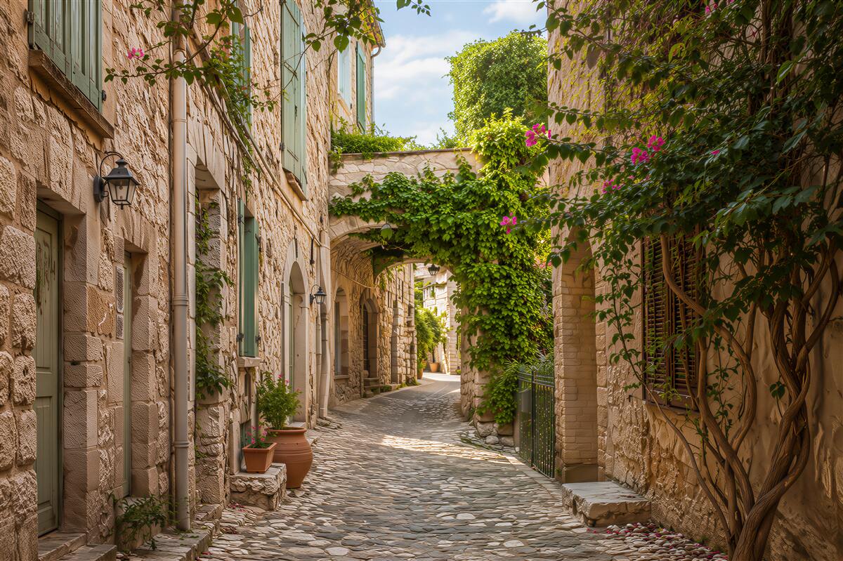 Papier peint vieille rue étroite avec des plantes vivantes