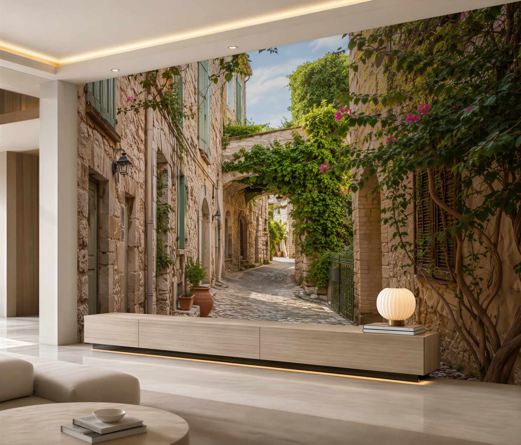 Papier peint vieille rue étroite avec des plantes vivantes