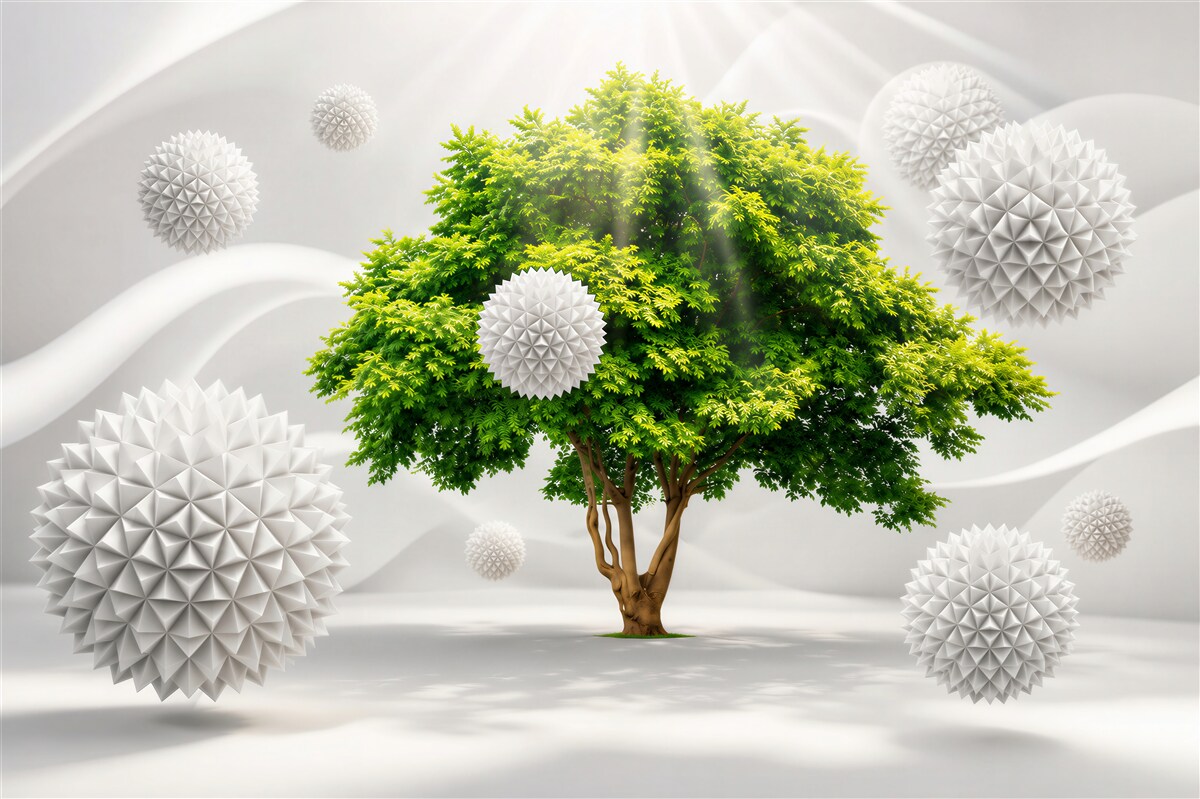 Papier peint boules blanches sur fond en bois vert avec des rayons de soleil