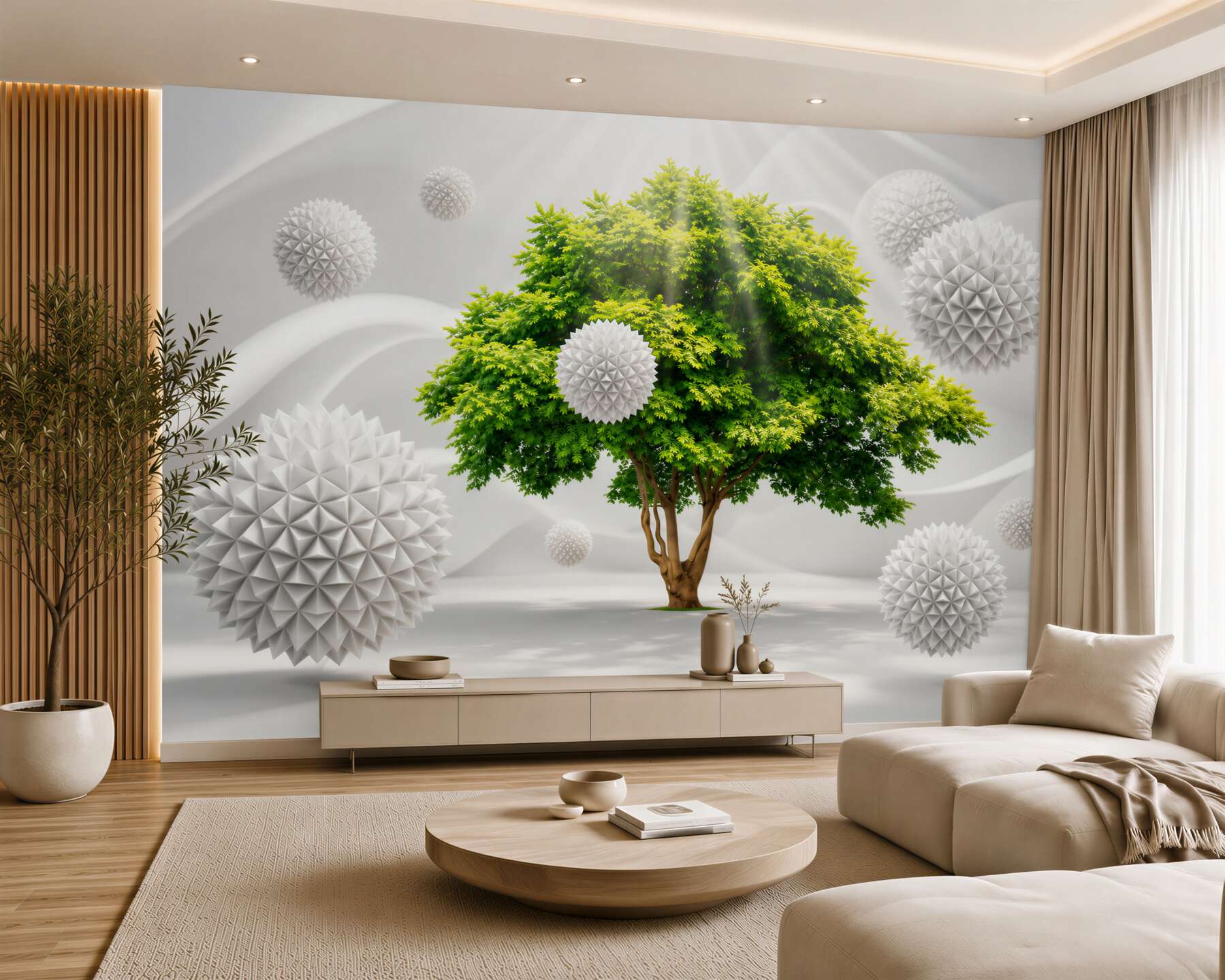 Papier peint boules blanches sur fond en bois vert avec des rayons de soleil