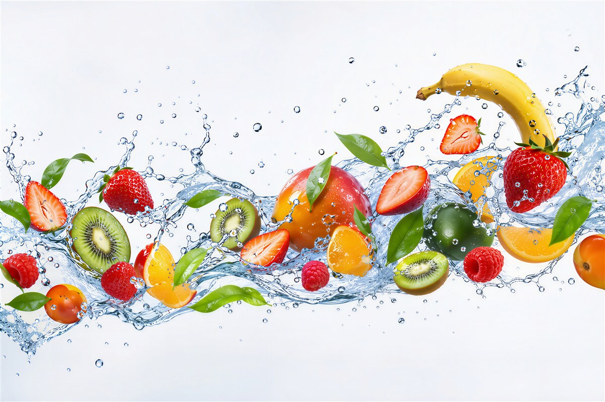 Papier peint fruits et baies dans des éclaboussures d'eau
