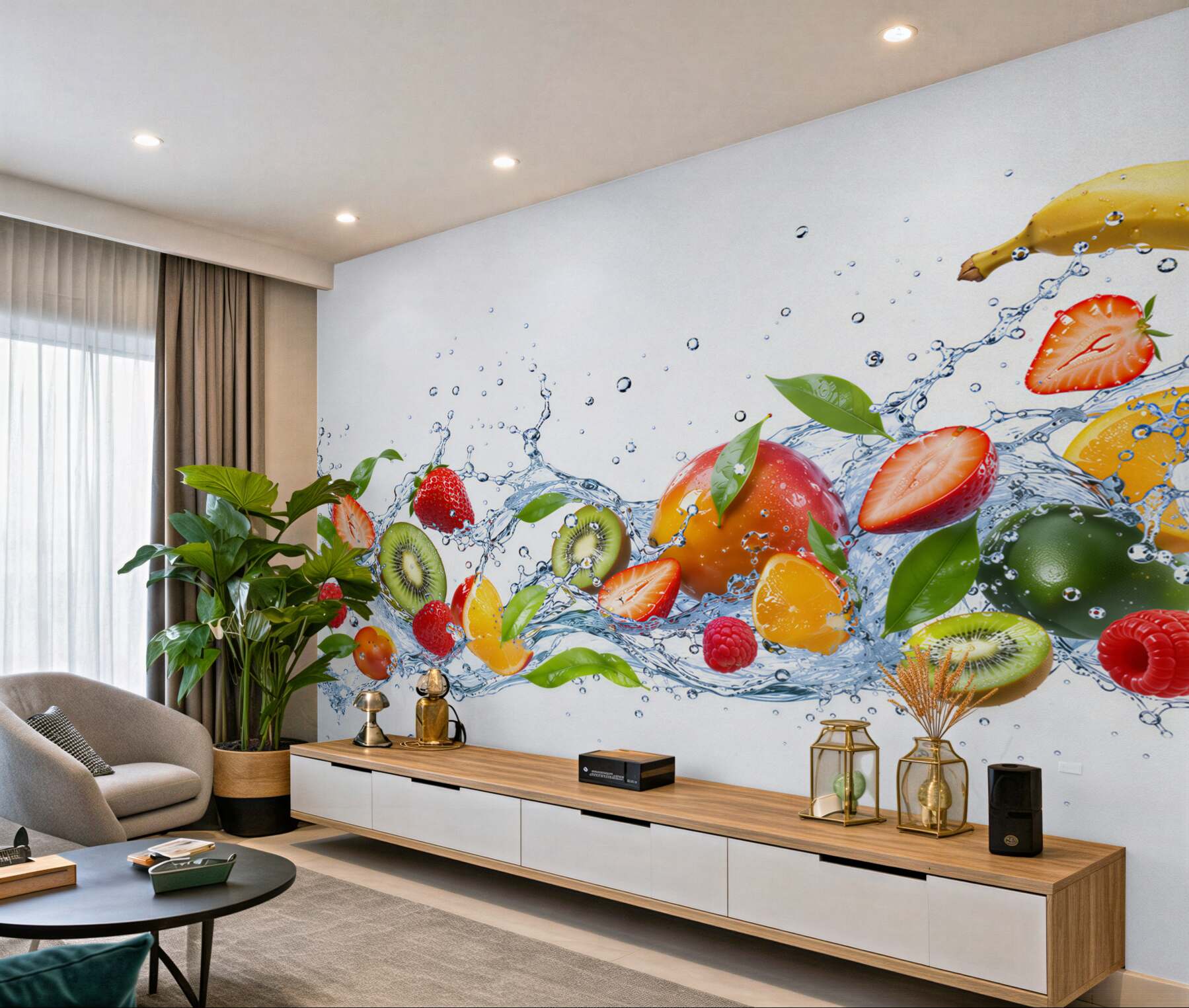 Papier peint fruits et baies dans des éclaboussures d'eau