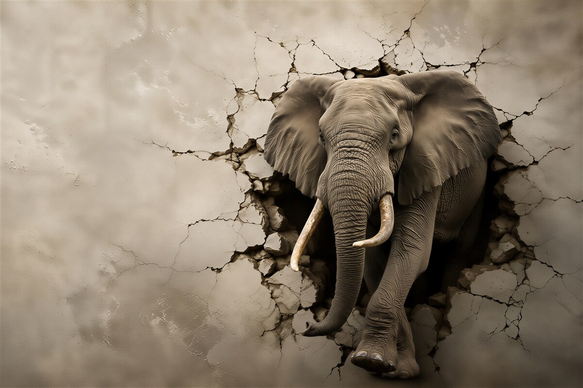 Papier peint puissant éléphant perçant le mur gris
