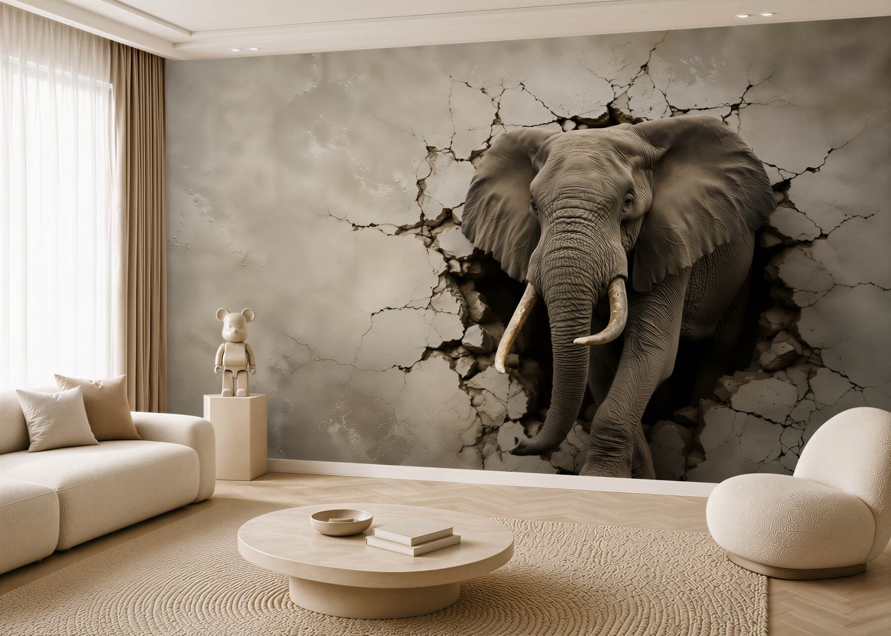 Papier peint puissant éléphant perçant le mur gris