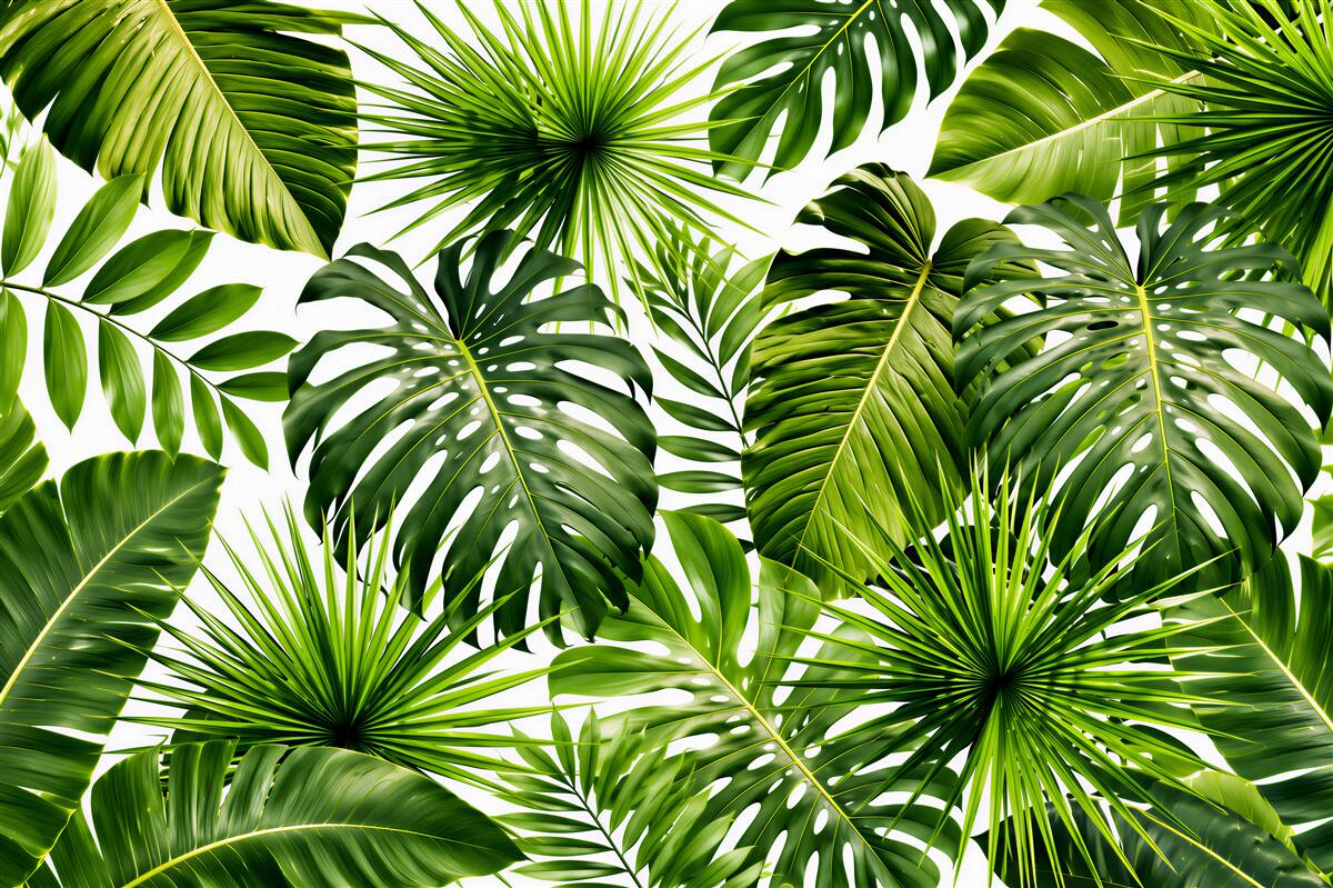 Papier peint grandes feuilles de monstera et bananier sur fond blanc