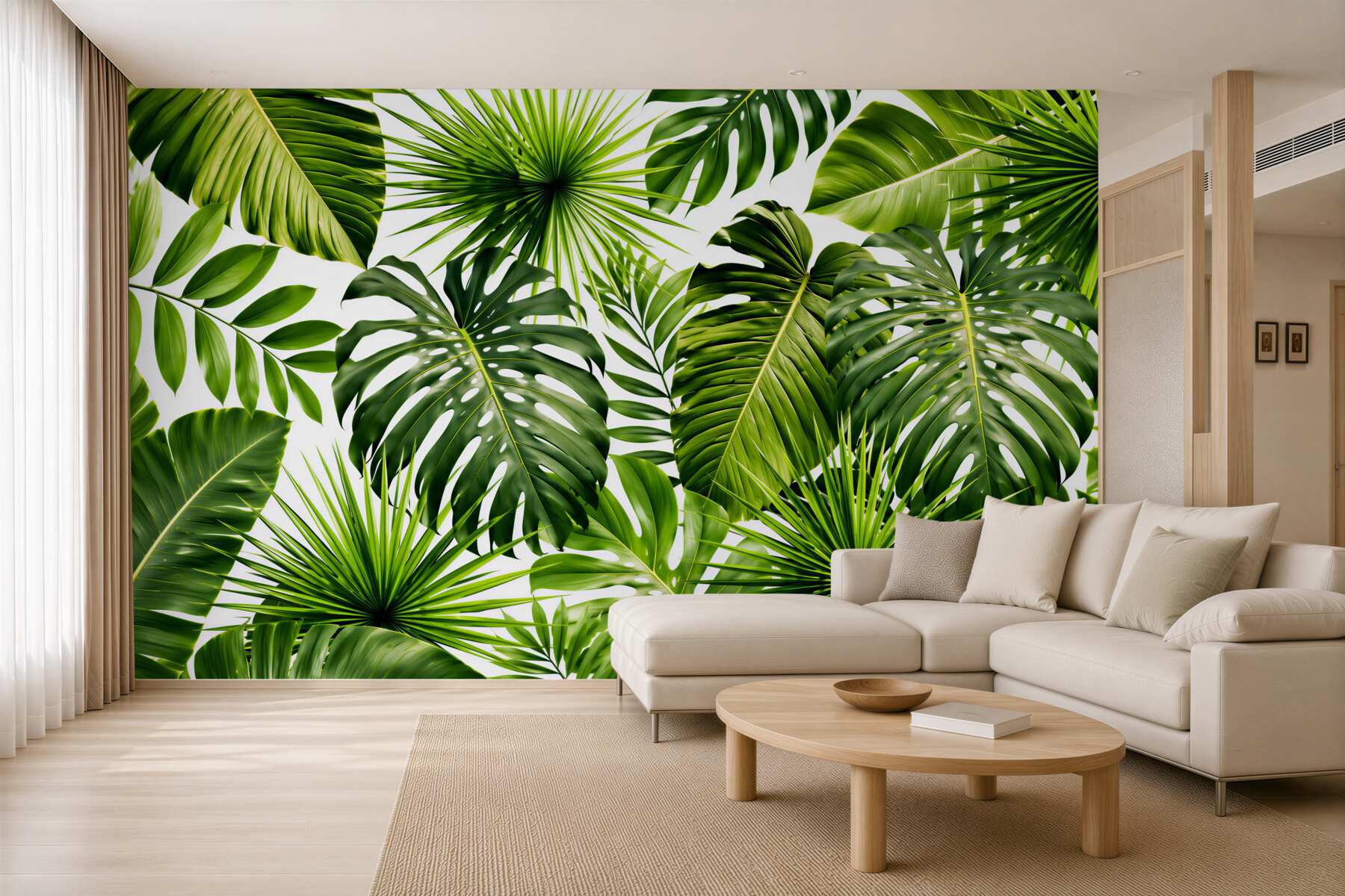 Papier peint grandes feuilles de monstera et bananier sur fond blanc