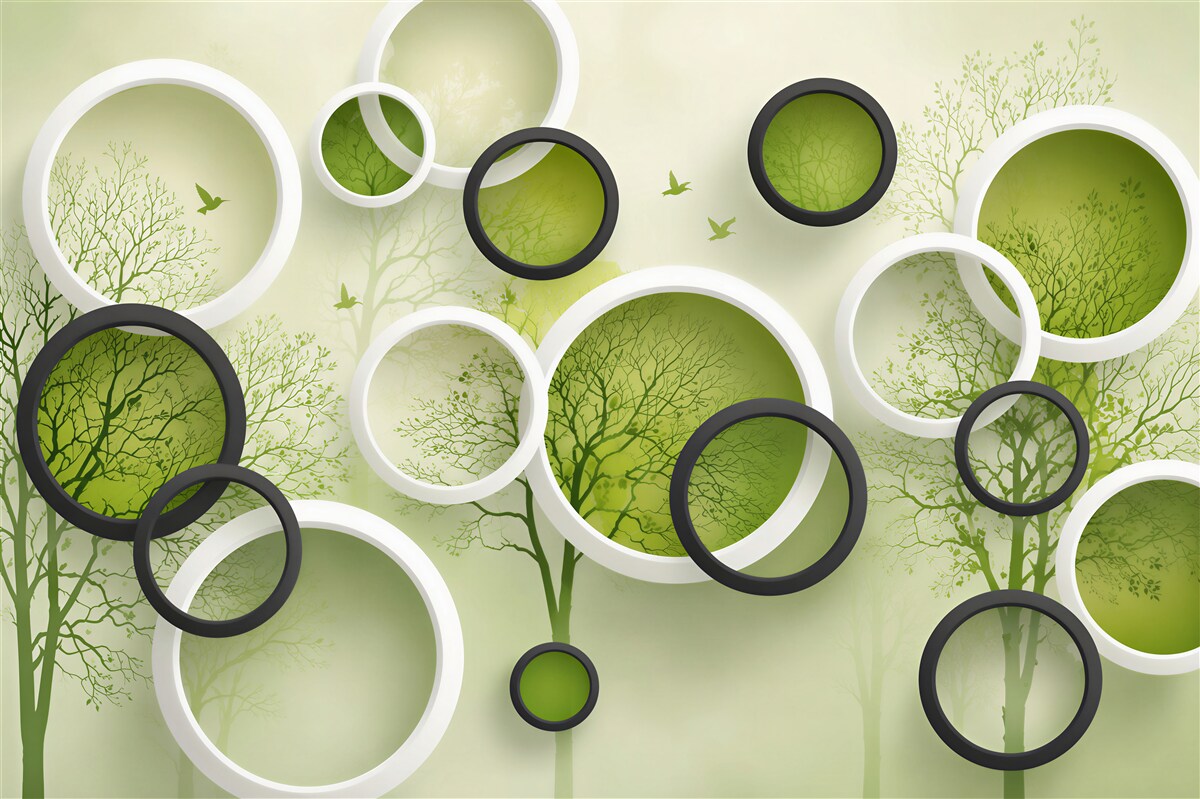 Papier peint cercles verts sur fond d'arbres