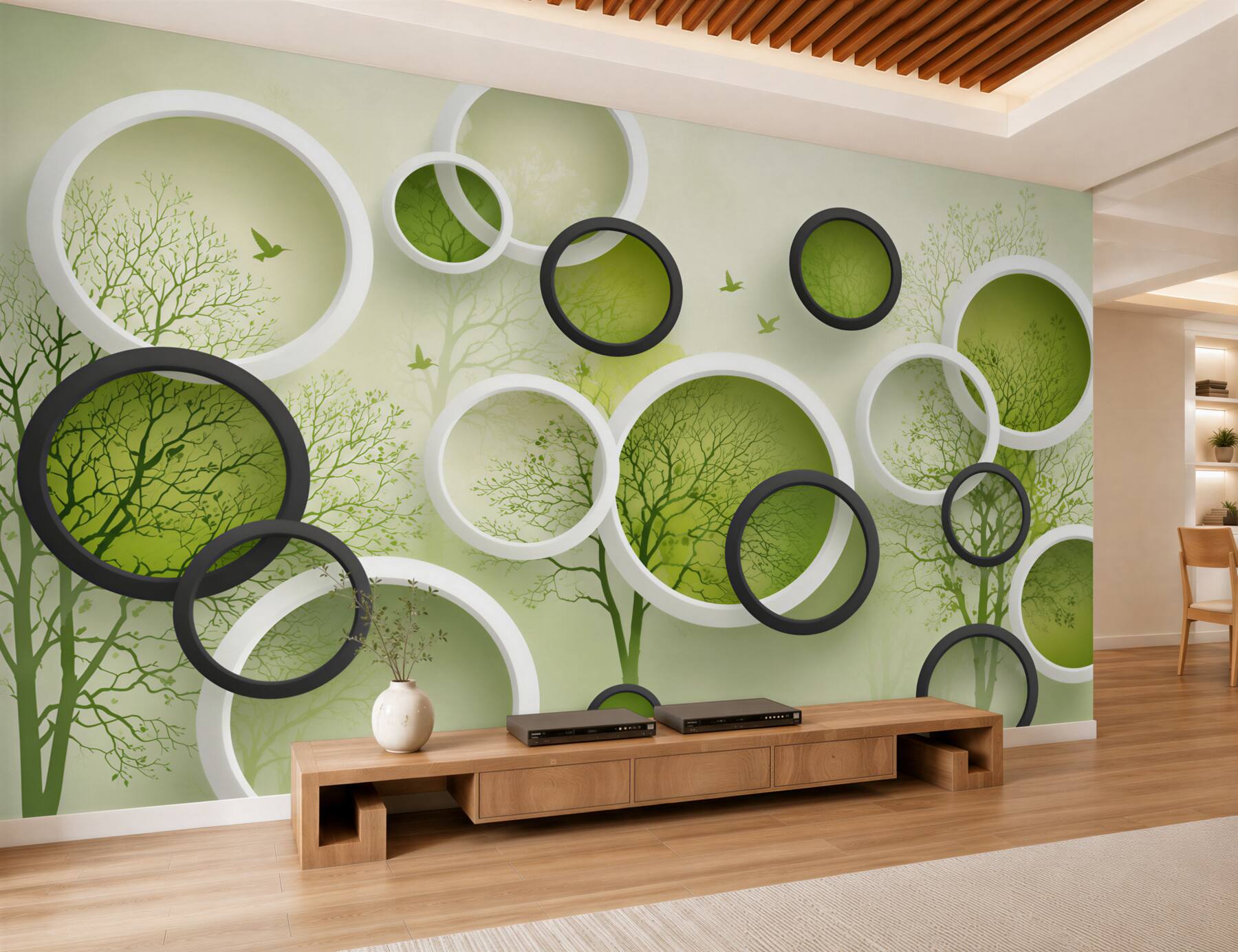 Papier peint cercles verts sur fond d'arbres
