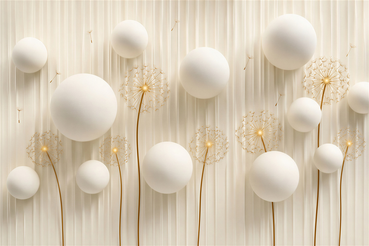 Papier peint pissenlit blanc avec boules en composition