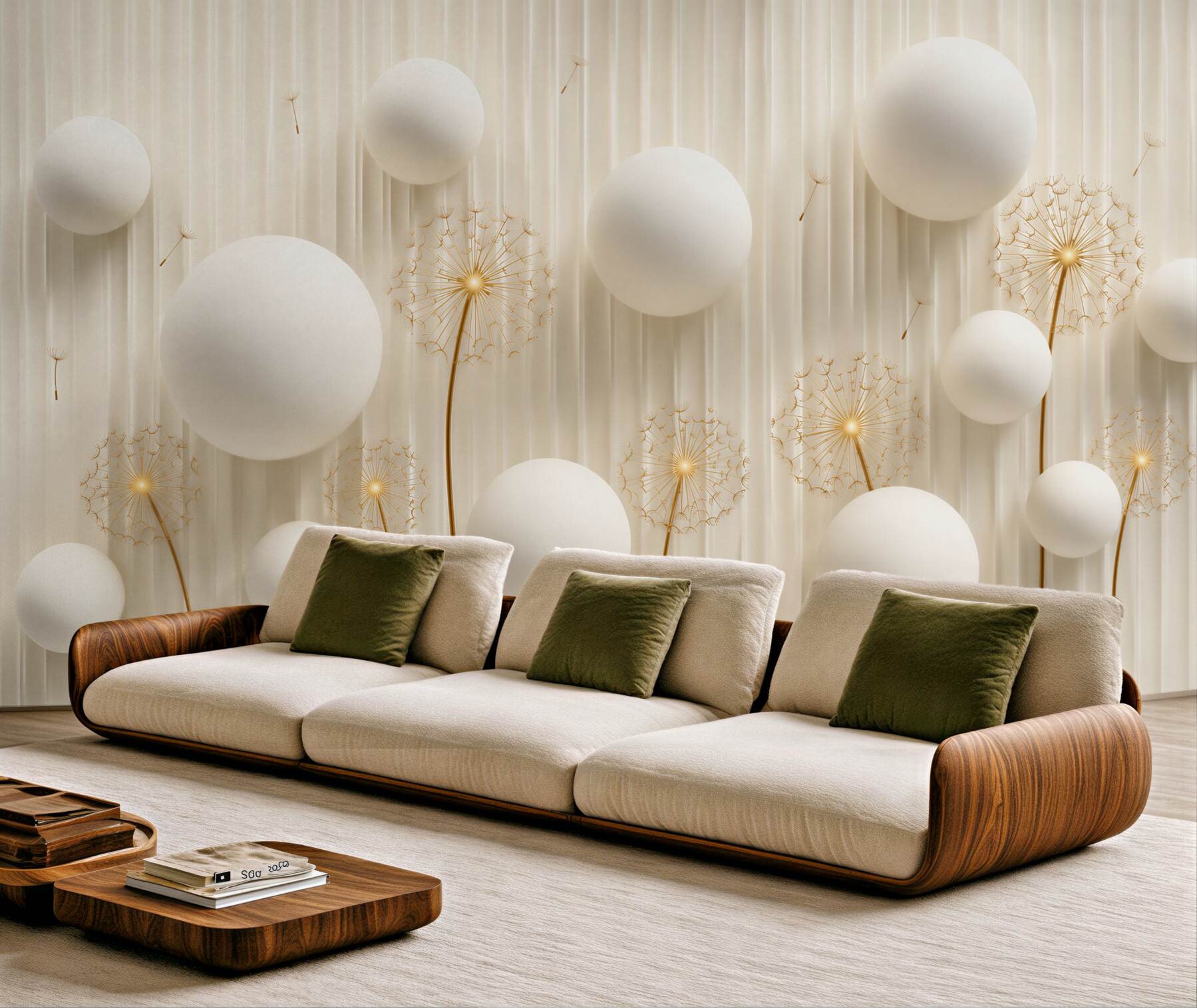 Papier peint pissenlit blanc avec boules en composition
