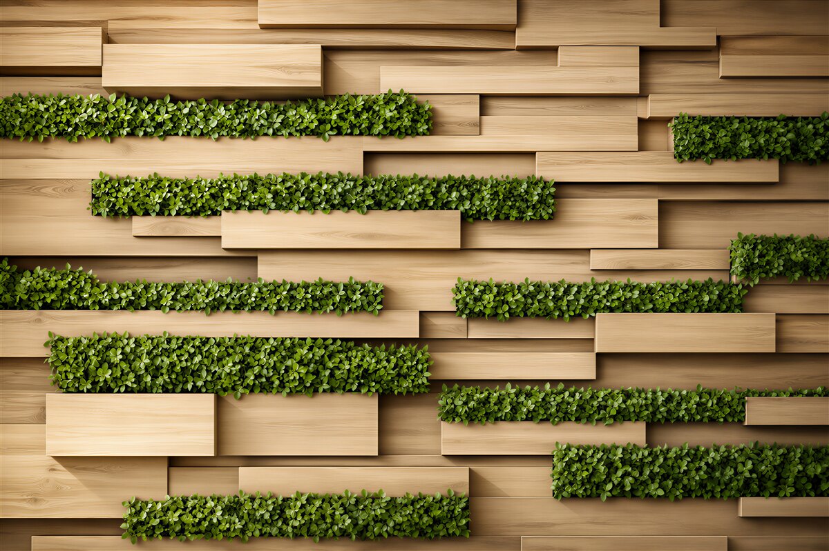 Papier peint mur en pierre avec plantes vertes