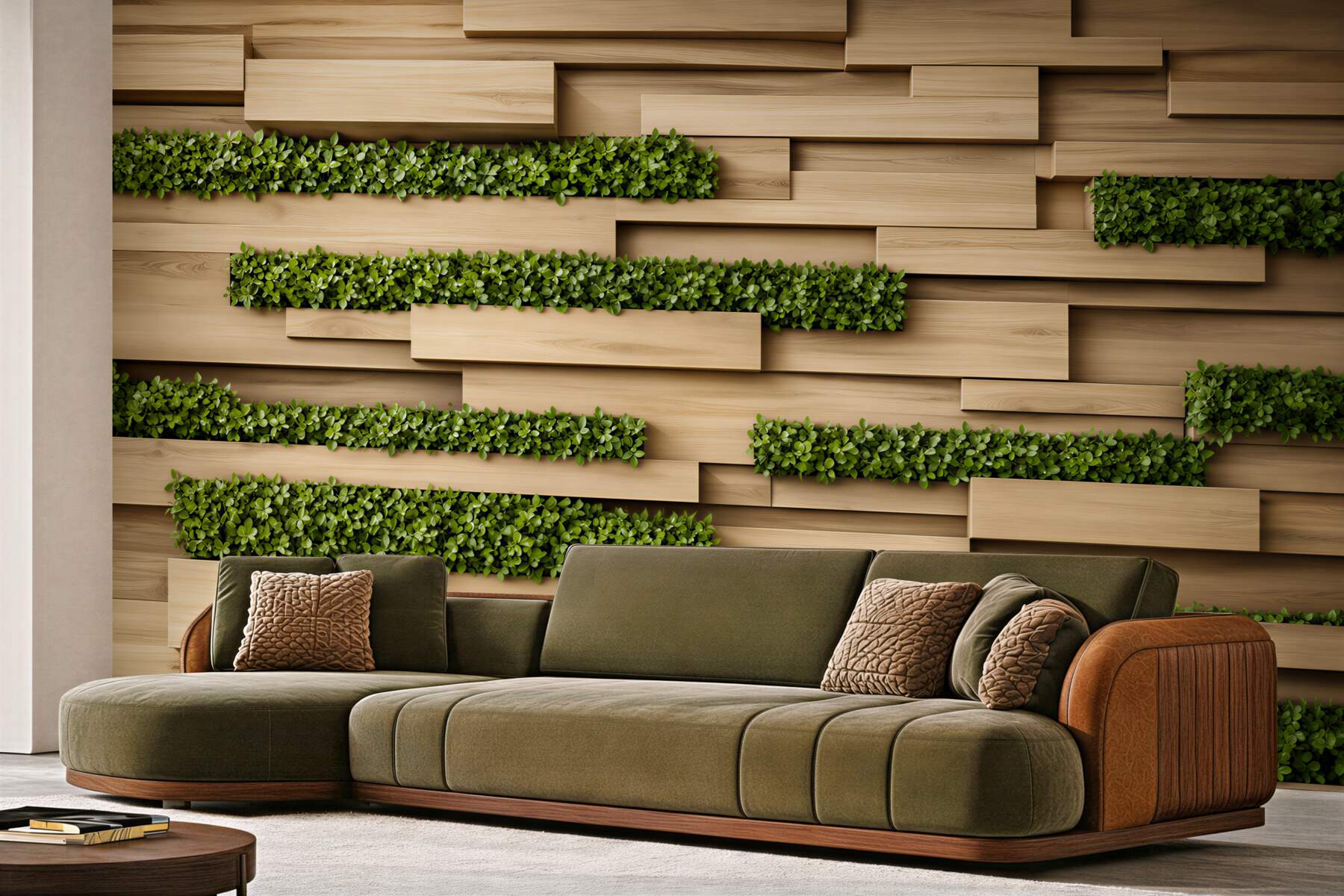 Papier peint mur en pierre avec plantes vertes