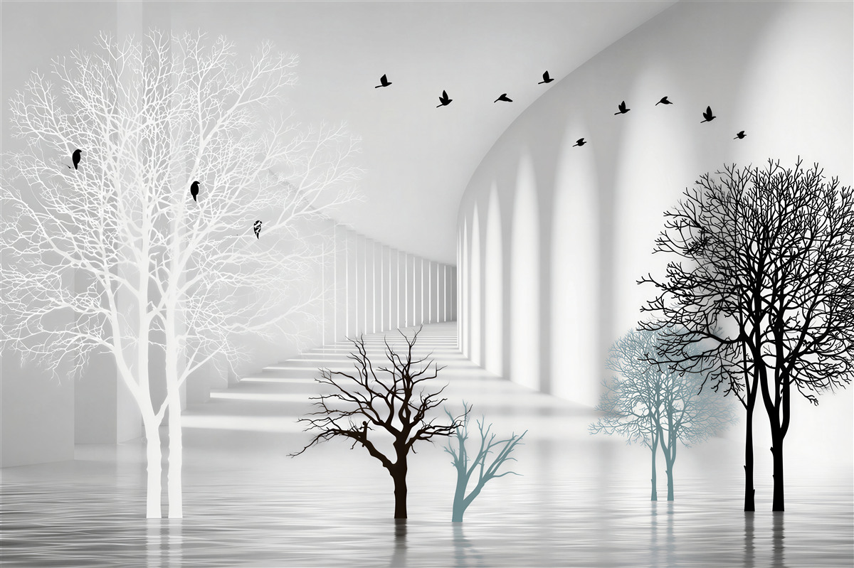 Papier peint arbres abattus et oiseaux volants en automne
