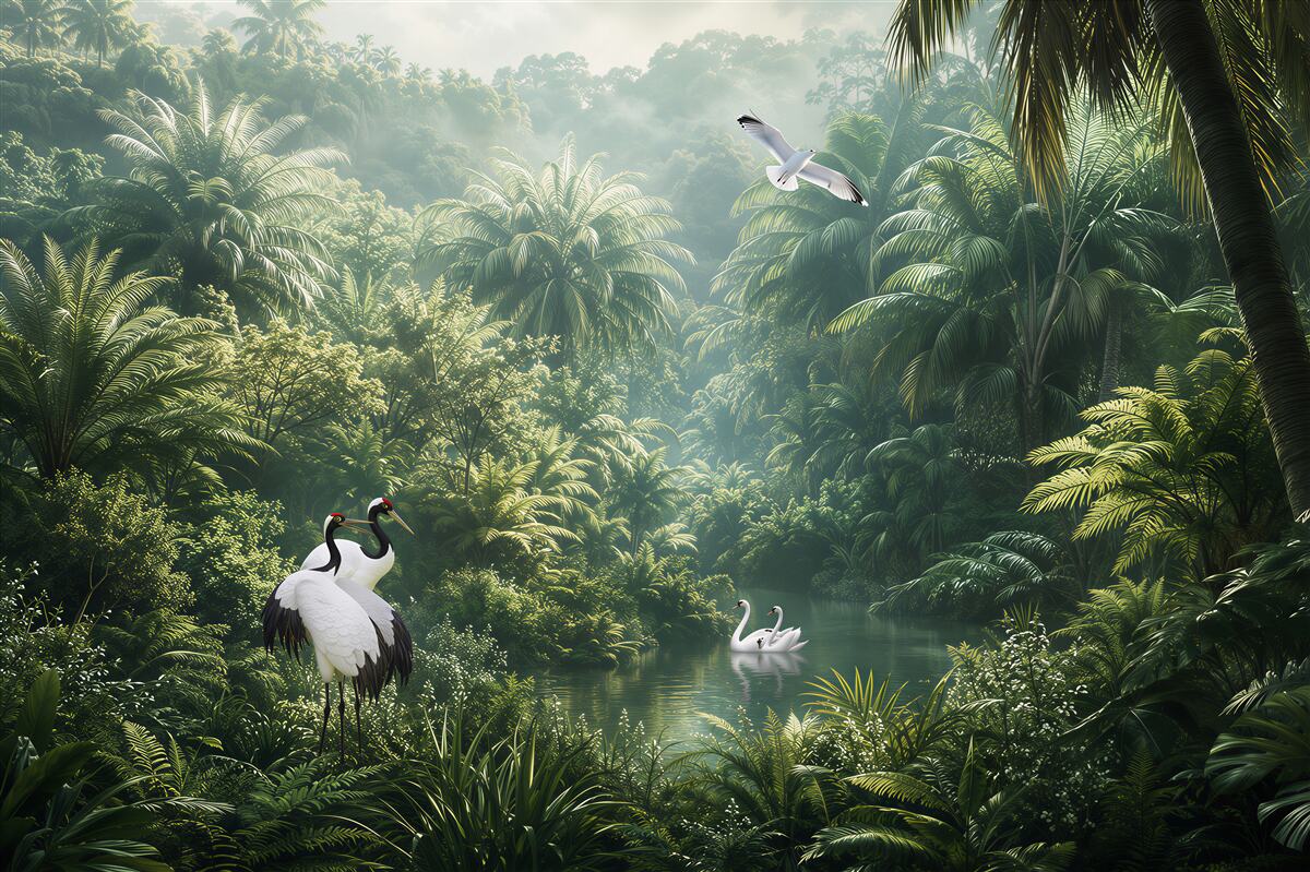 Papier peint végétation luxuriante de la jungle et oiseaux