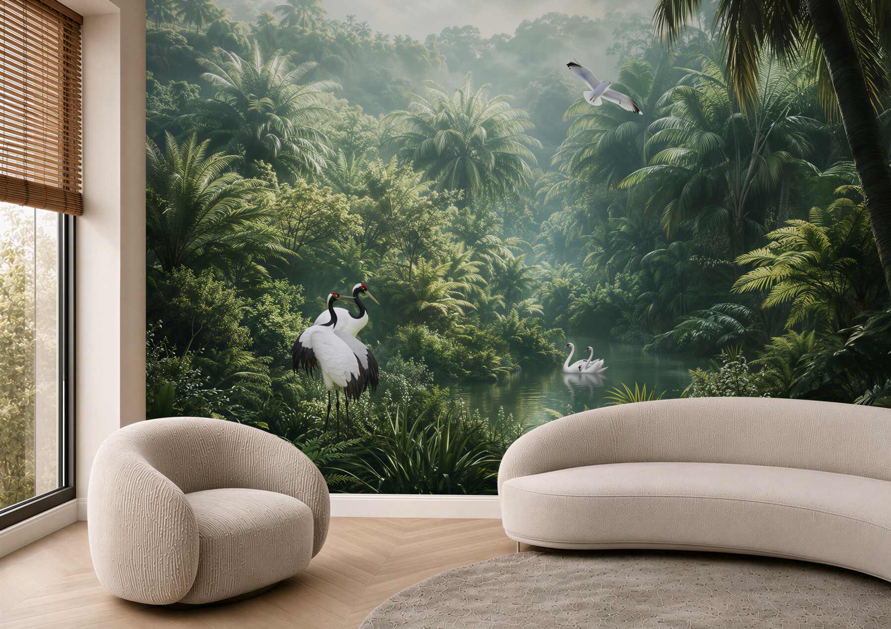 Papier peint végétation luxuriante de la jungle et oiseaux