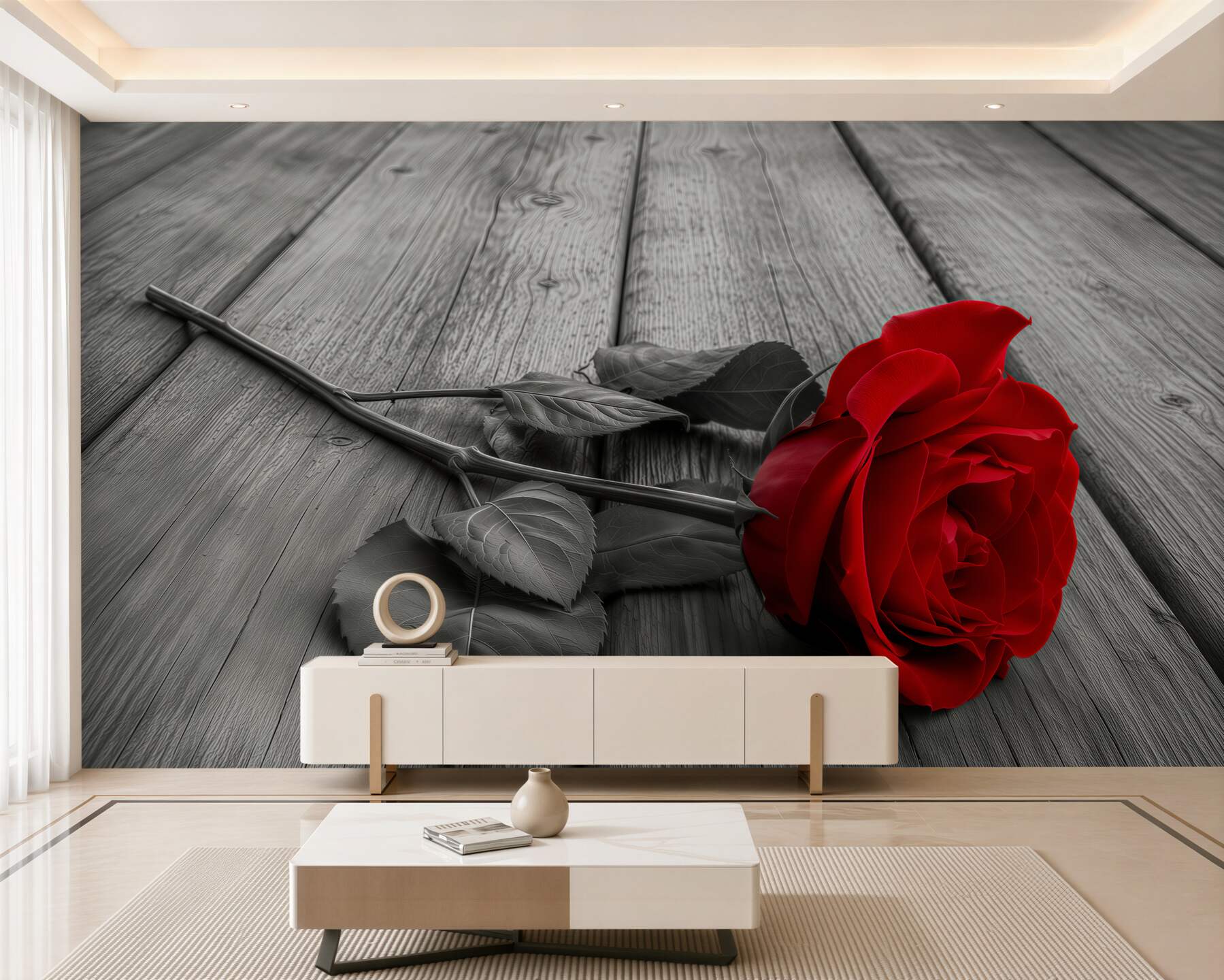 Papier peint rose rouge sur fond gris