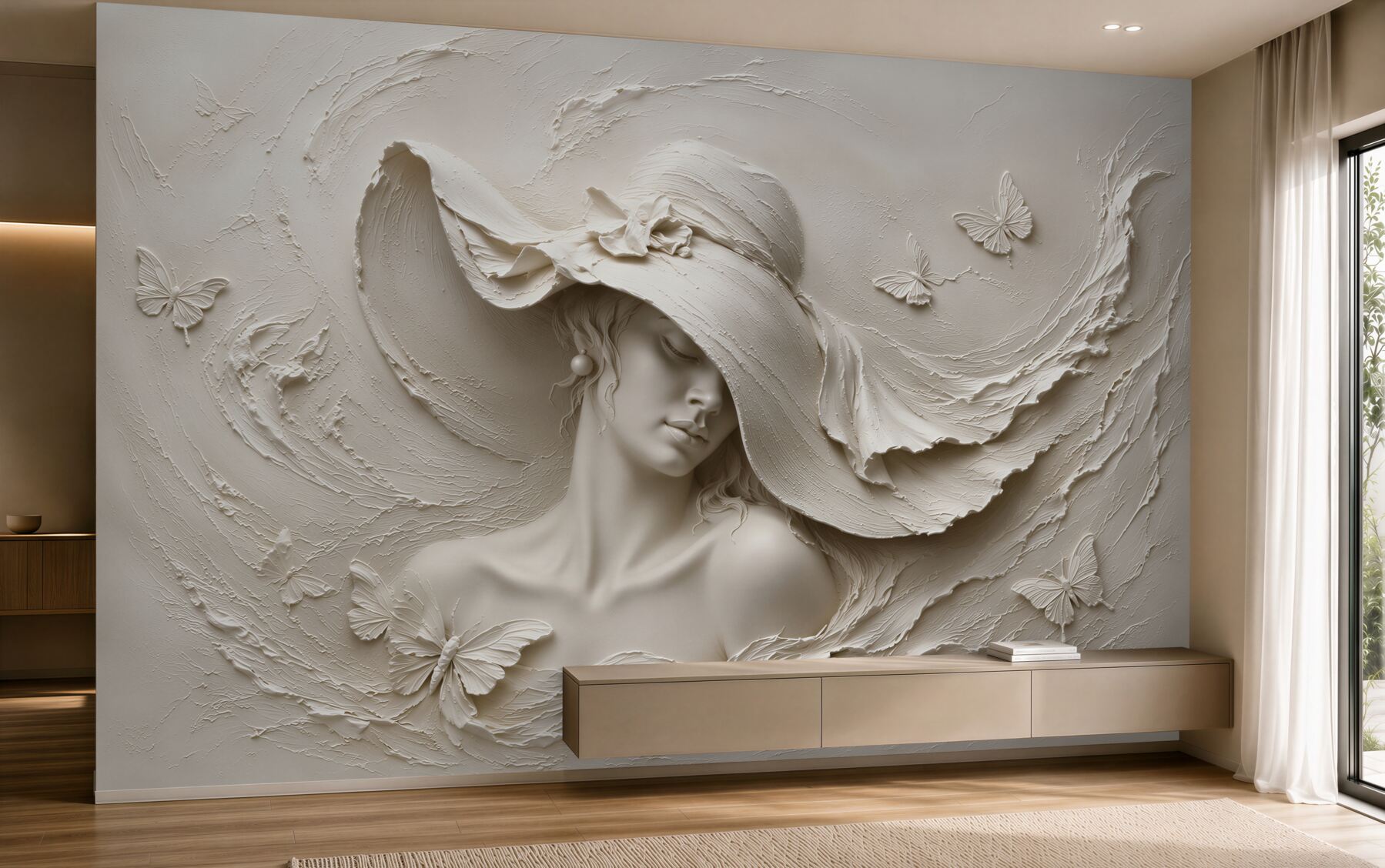 Papier peint fille avec bas-relief et chapeau
