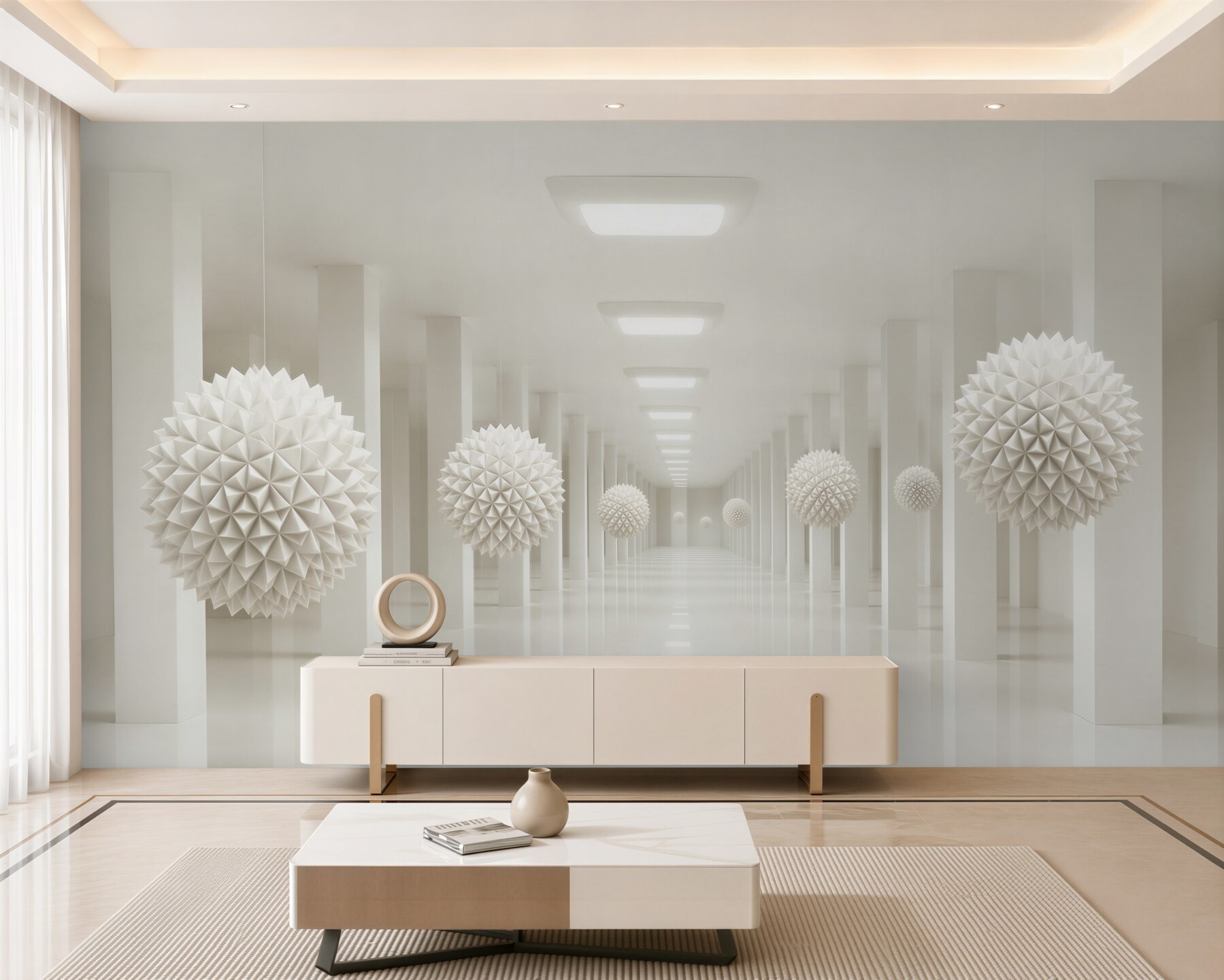 Papier peint colonnade et boules en perspective