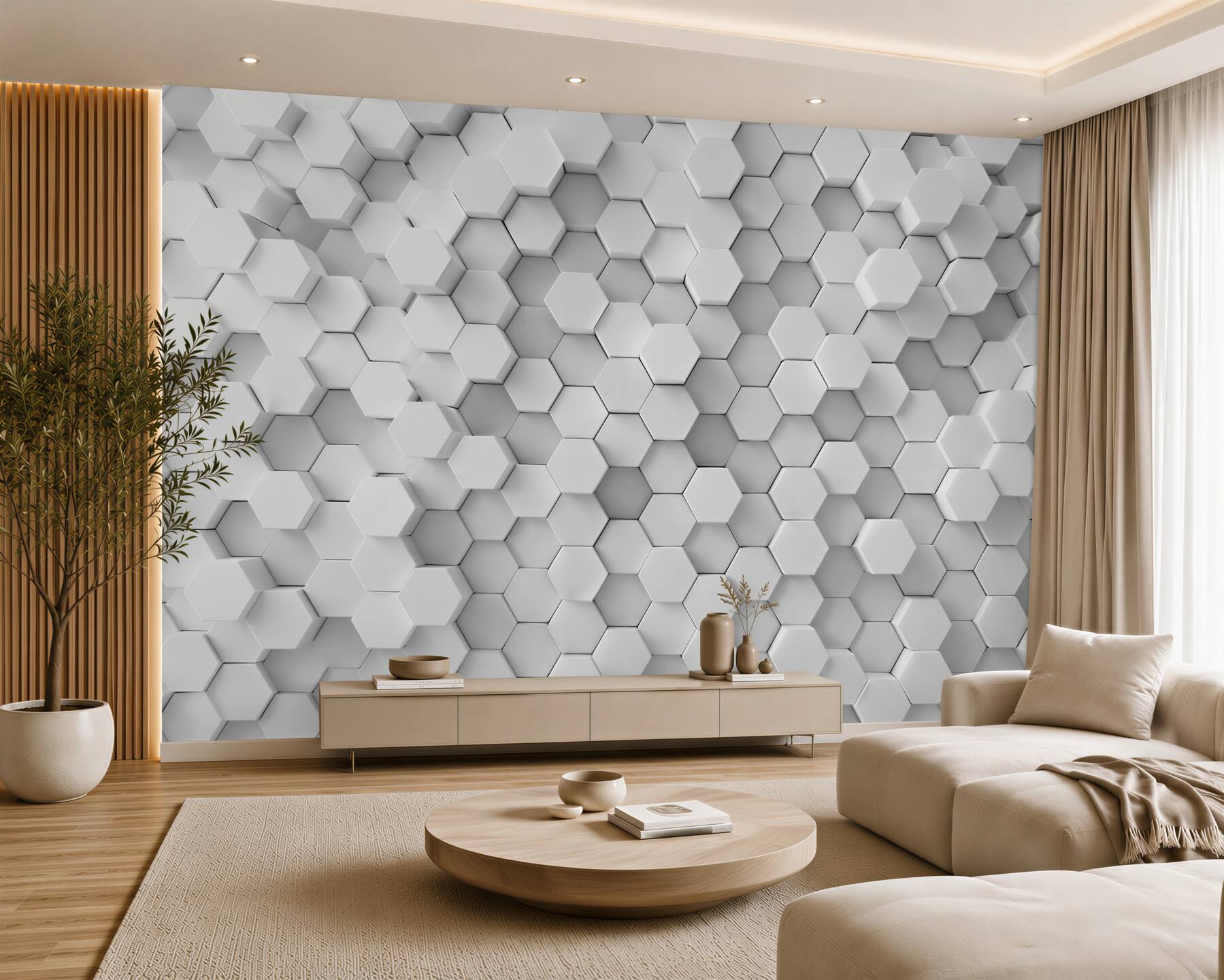 Papier peint hexagones gris et blancs en relief